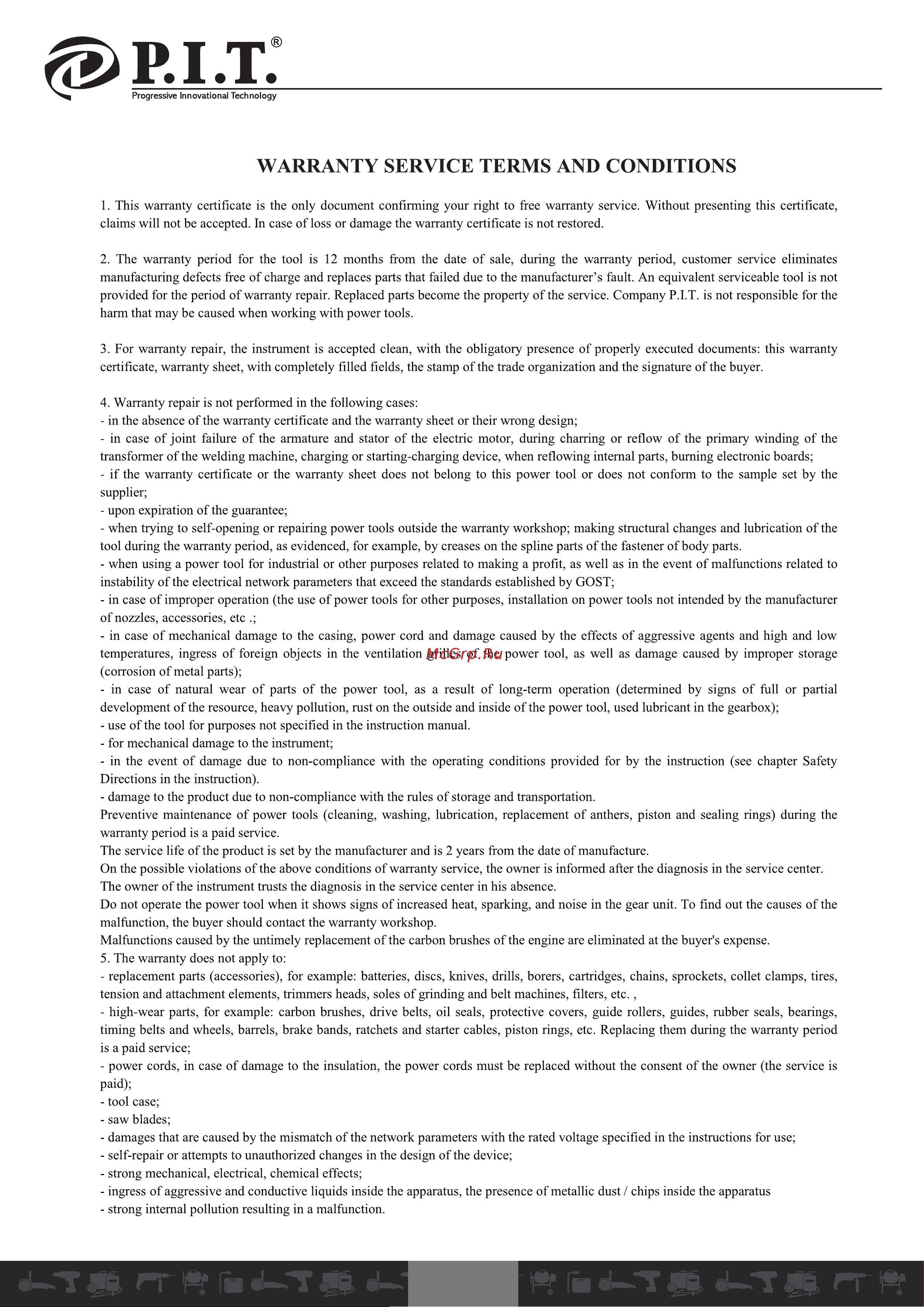 P.I.T. PTR1500-EL [8/22] Warranty service terms and conditions