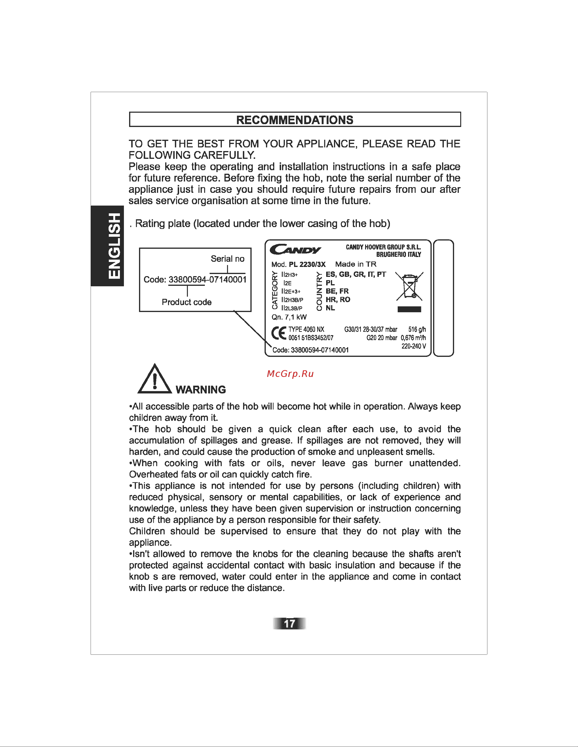 Candy PM 741/1 SVXGHEU [17/86] Rating plate located under the lower casing of the hob