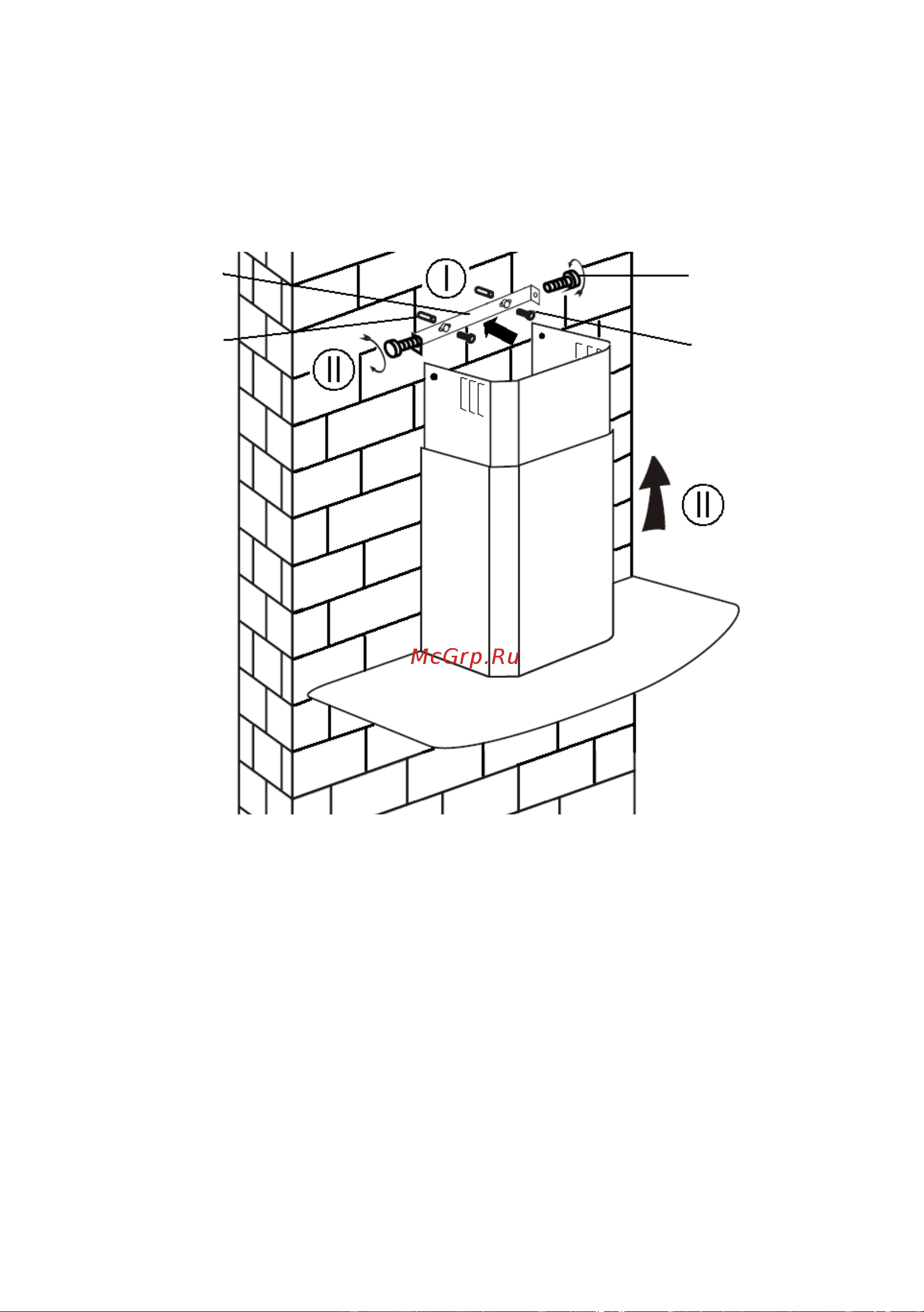 Candy CFT 161FX [36/173] I drill 2 x 8mm holes to accommodate the plate ii screw and tighten the plate ii onto the wall with 2 screws provided ii assembly the chimney onto the unit and fix it with 2 screws