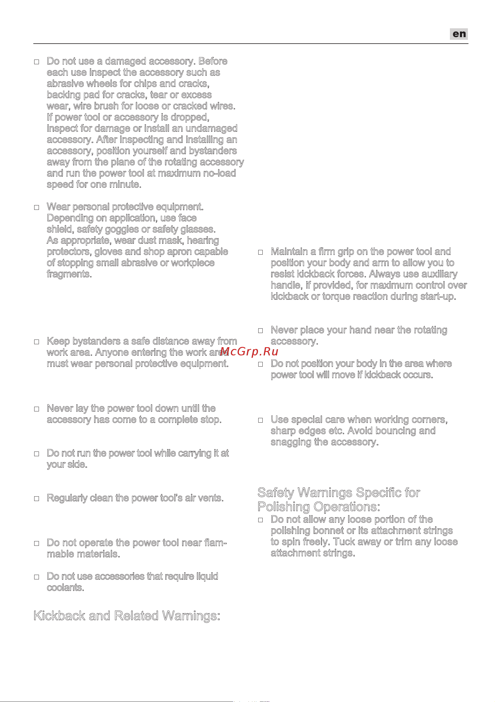 Flex PXE 80 10.8-EC [11/153] Kickback and related warnings