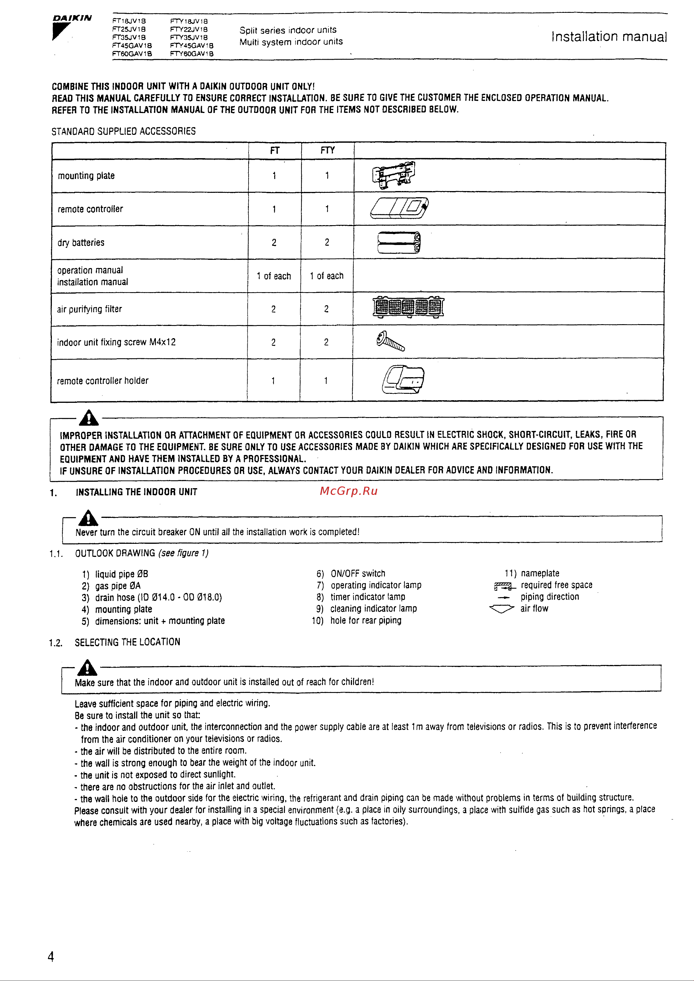 Daikin FT35JV1B [4/9] Installation manual