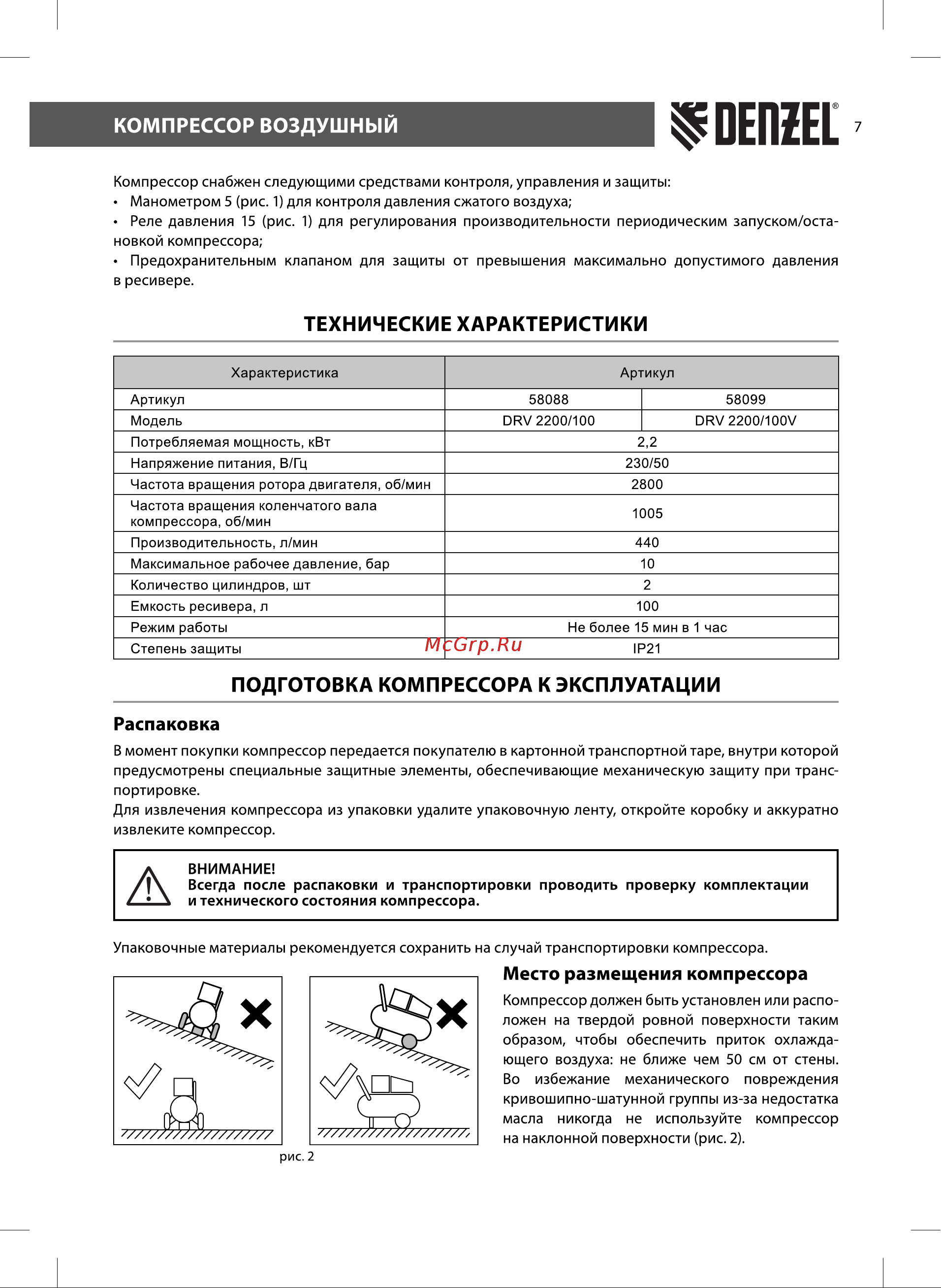 Denzel BCV2200/100 [7/16] Подготовка компрессора к эксплуатации