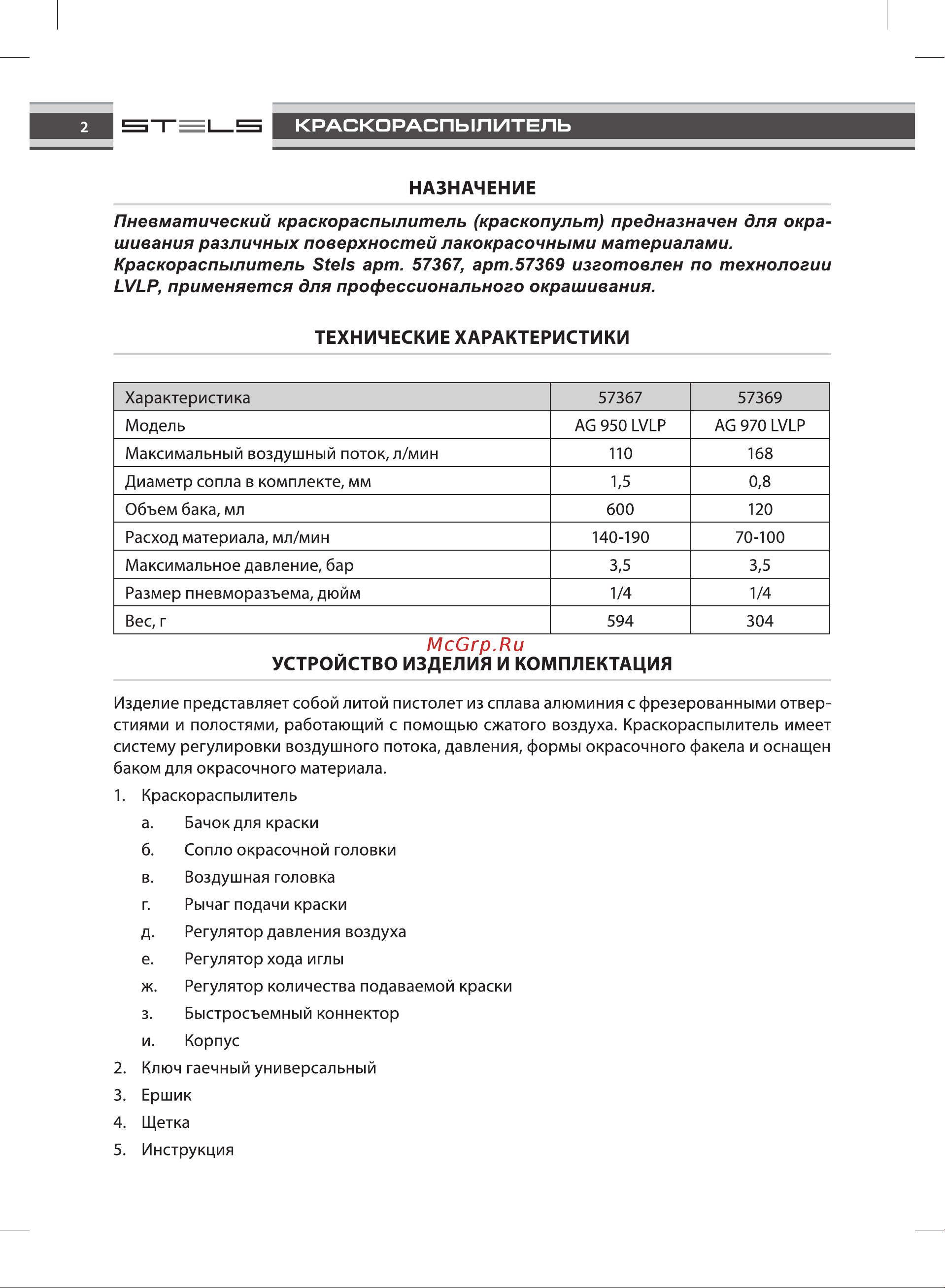 STELS AG 950 LVLP профессиональный, гравитационного типа, сопло 1.5 мм 57367 [2/8] Устройство изделия и комплектация