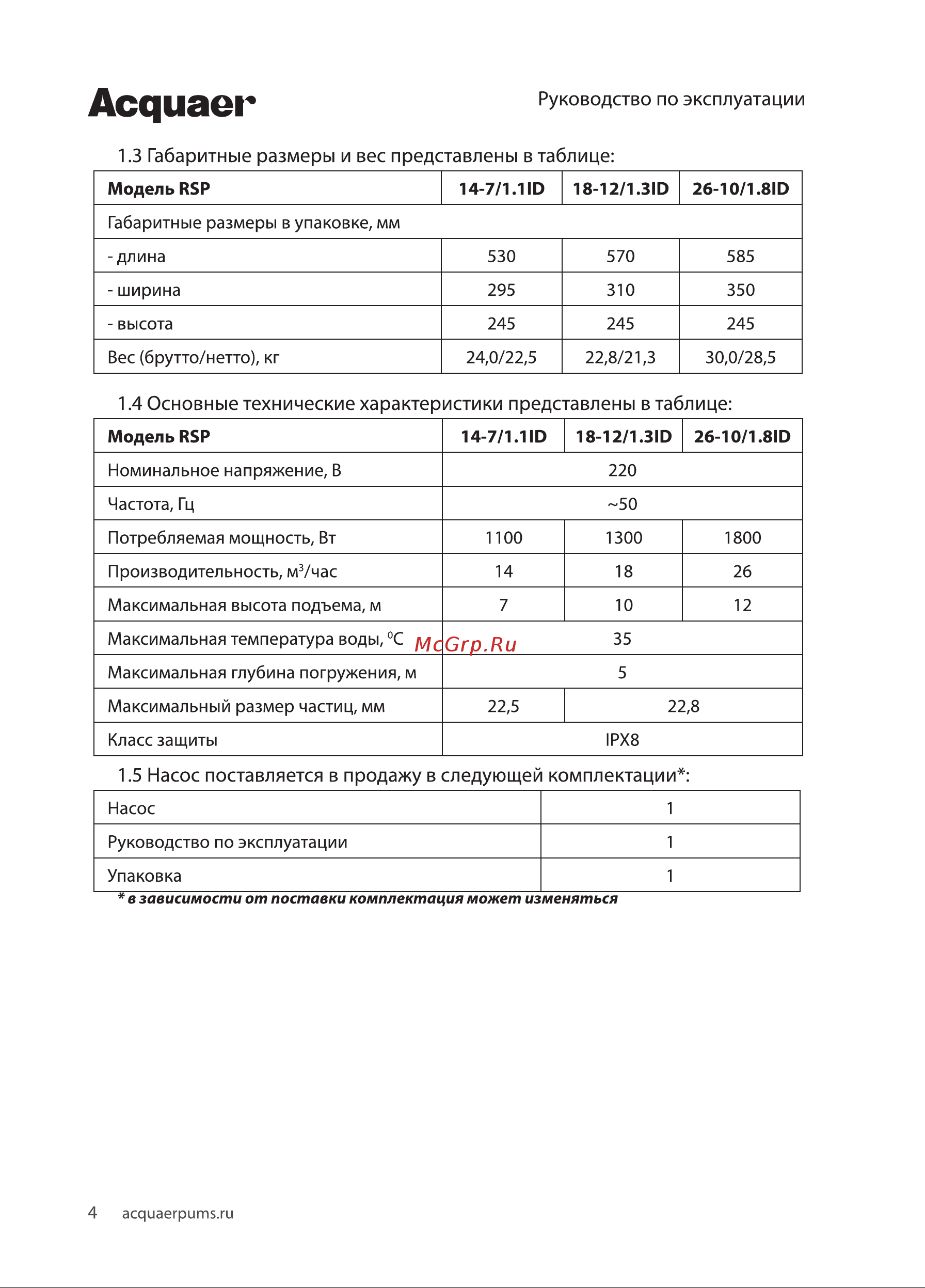 Acquaer RSP14-7/1.1ID [4/12] Основные технические характеристики представлены в таблице