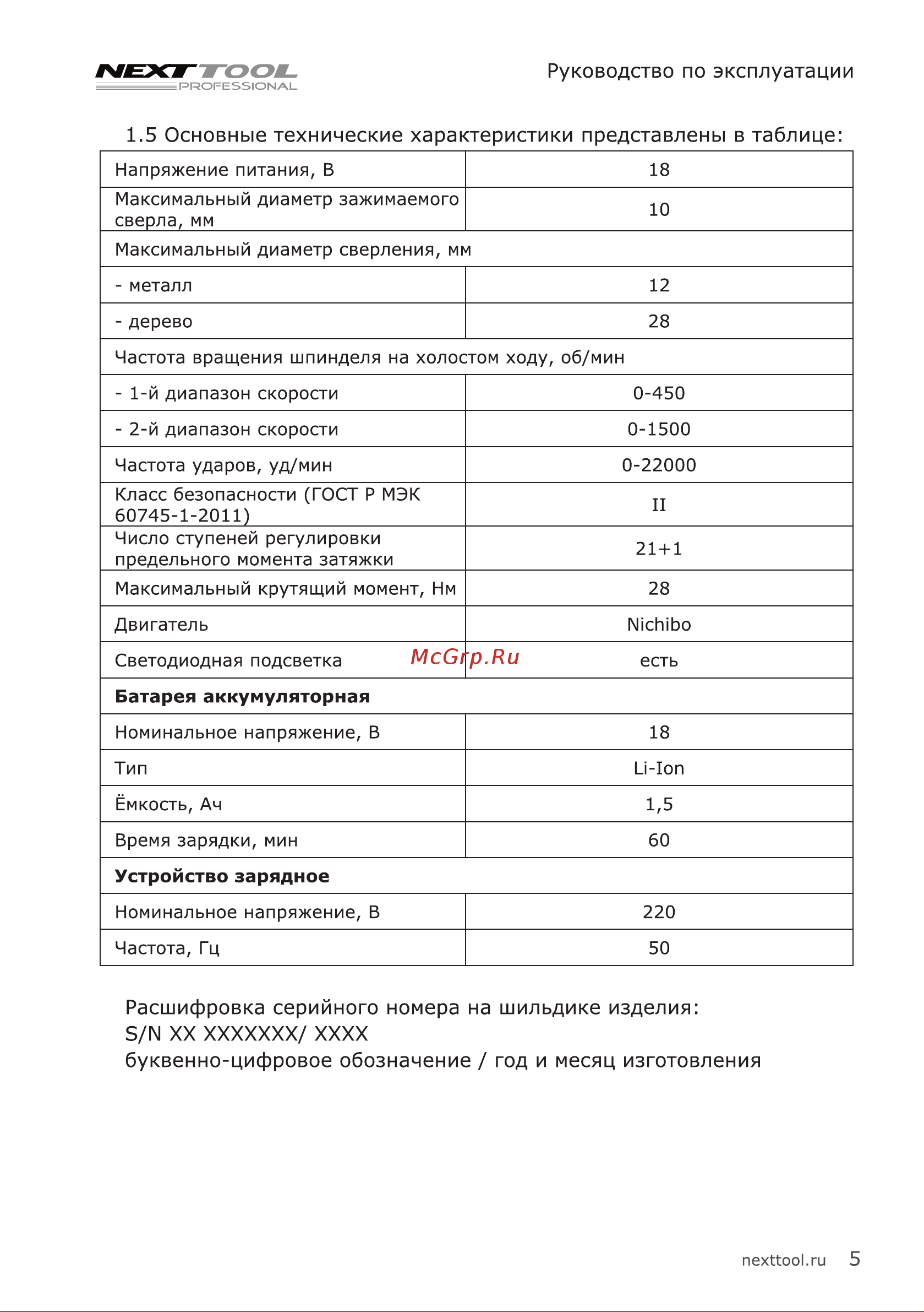 NEXTTOOL ACD-18BLH [5/20] Основные технические характеристики представлены в таблице