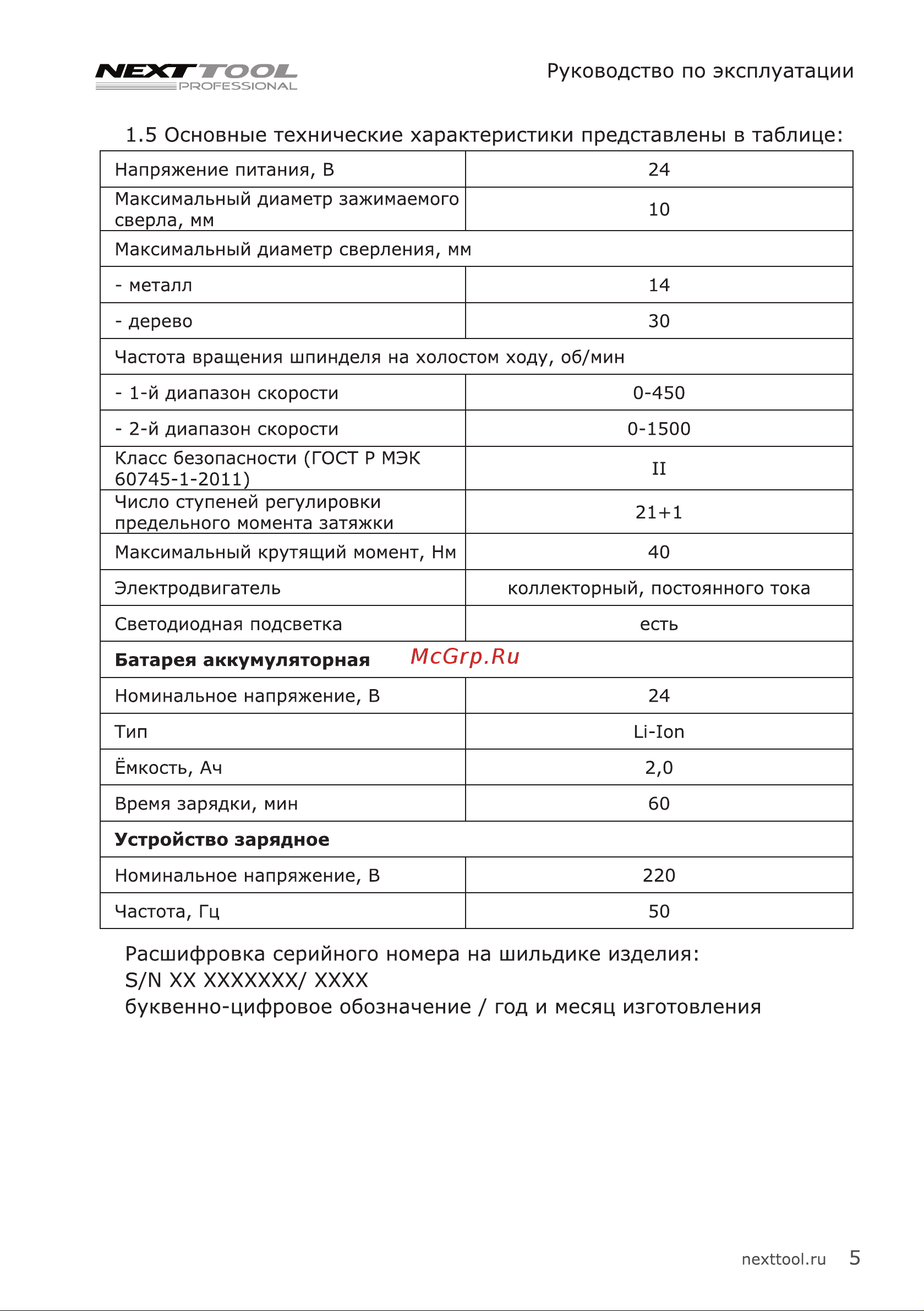 NEXTTOOL ACD-24BL [5/20] Основные технические характеристики представлены в таблице