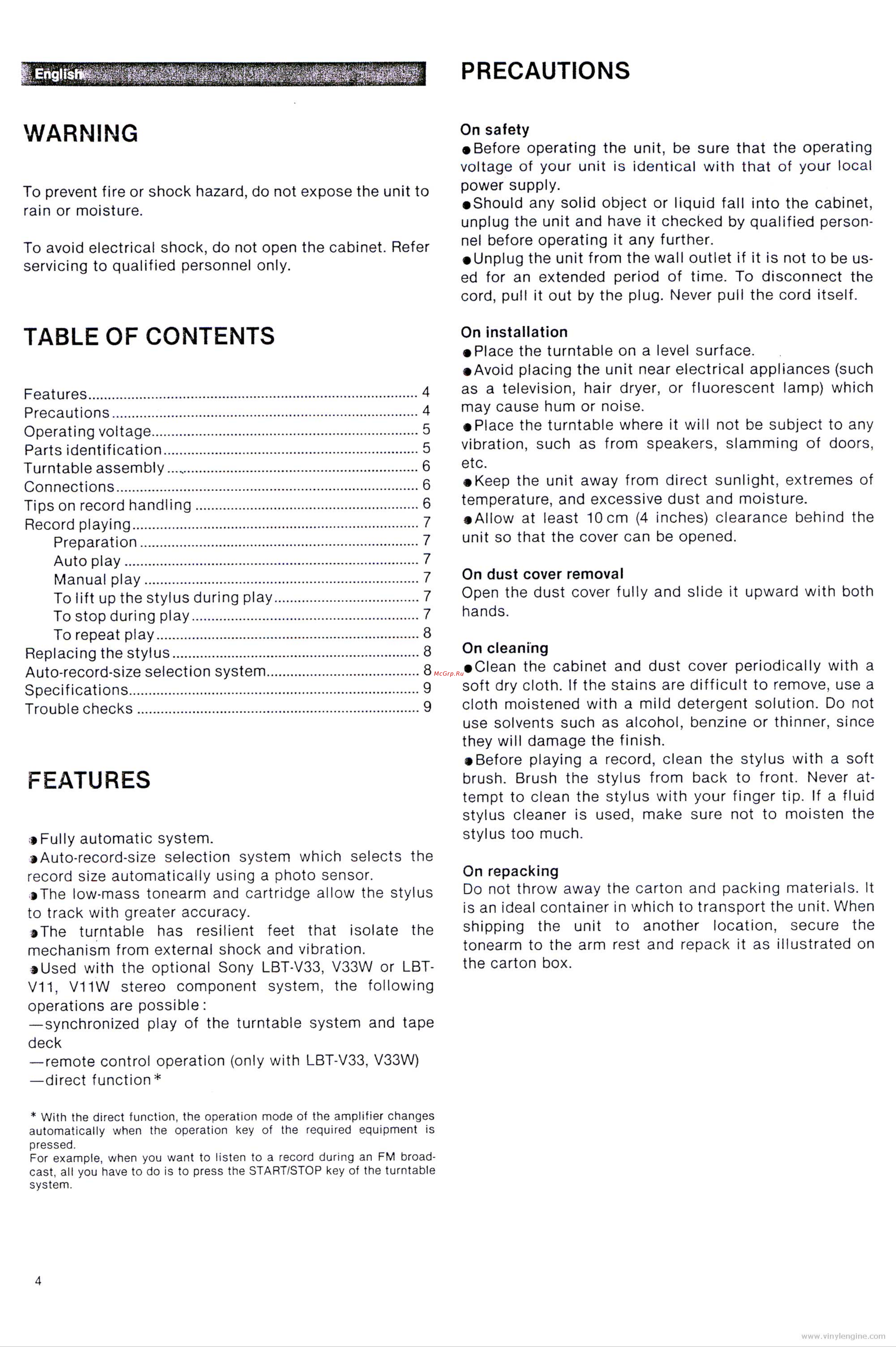 Sony PS-LX330 [3/8] Table of contents