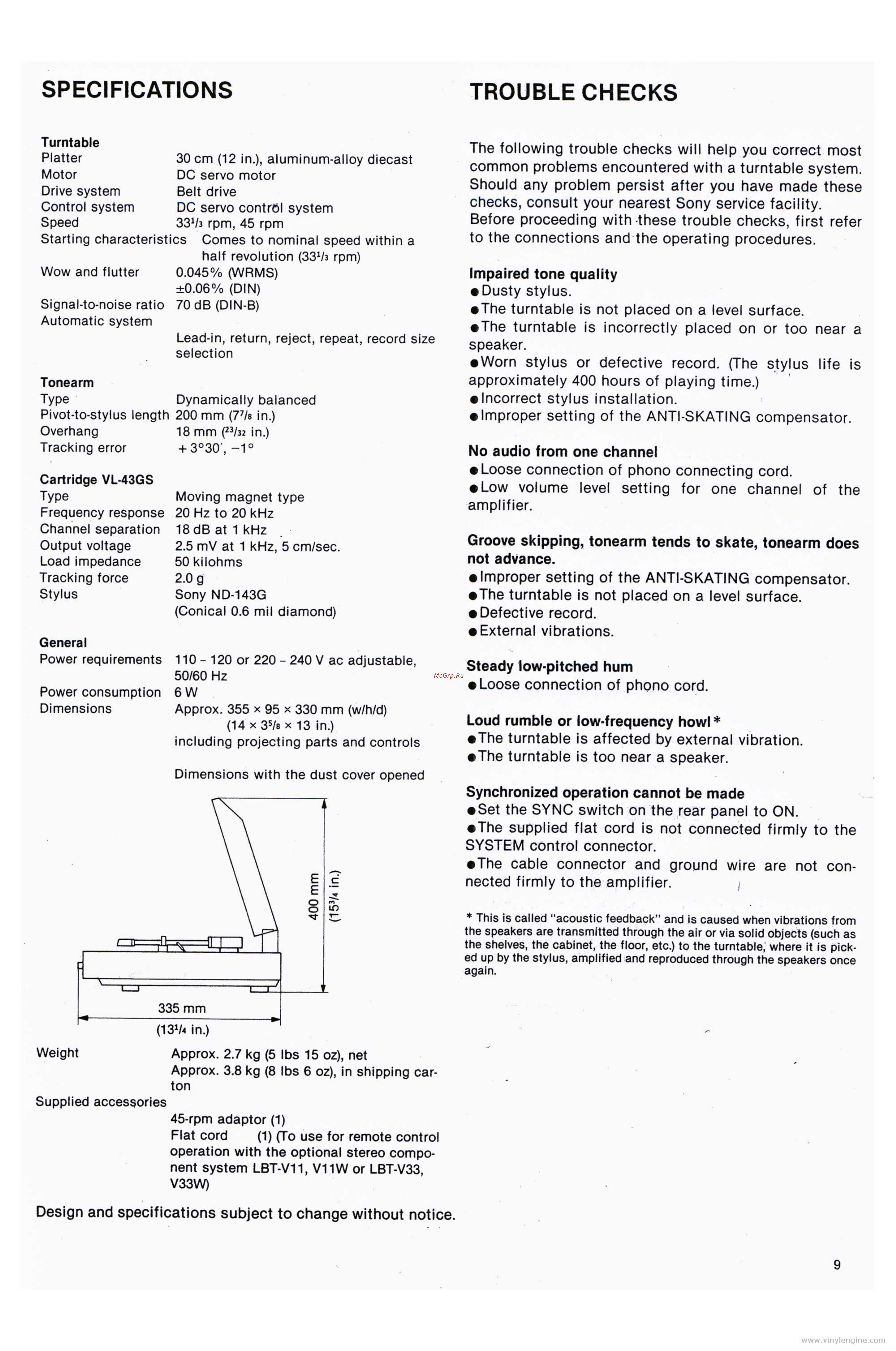 Sony PS-LX330 [8/8] Synchronized operation cannot be made set the sync switch on the rear panel to on the supplied flat cord is not connected firmly to the system control connector the cable connector and ground wire are not con nected firmly to the amplifier