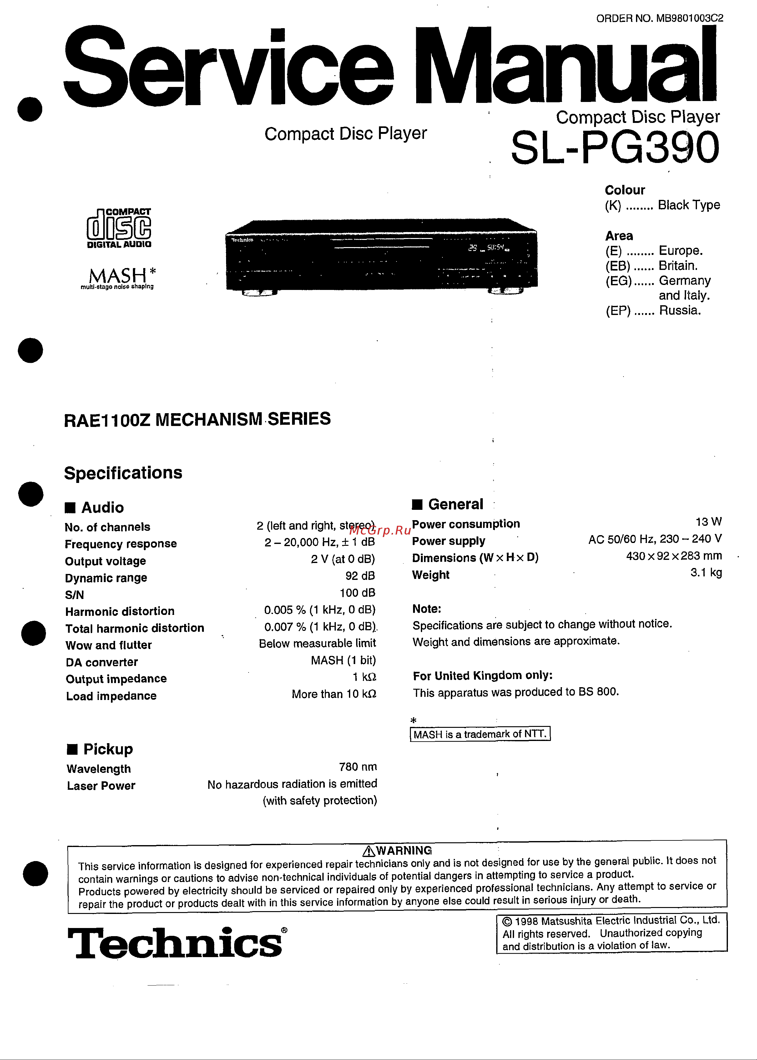 Technics SL-PG390 Service Manual онлайн