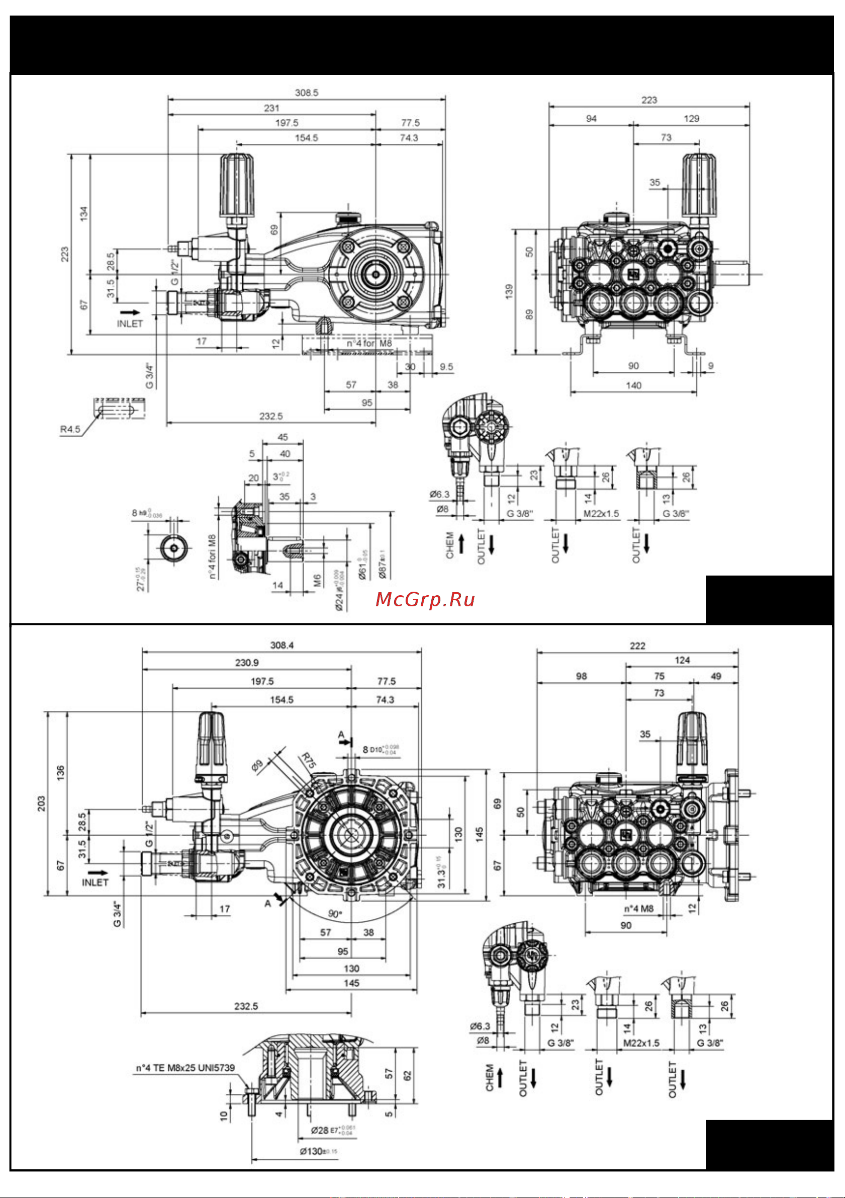 Interpump IPG C 3 W 2013 DX (1450 об/мин) [20/32] Dimensioni d ingombro overall dimensions dimensions d encombrement raumbedarf dimensiones totales dimensões
