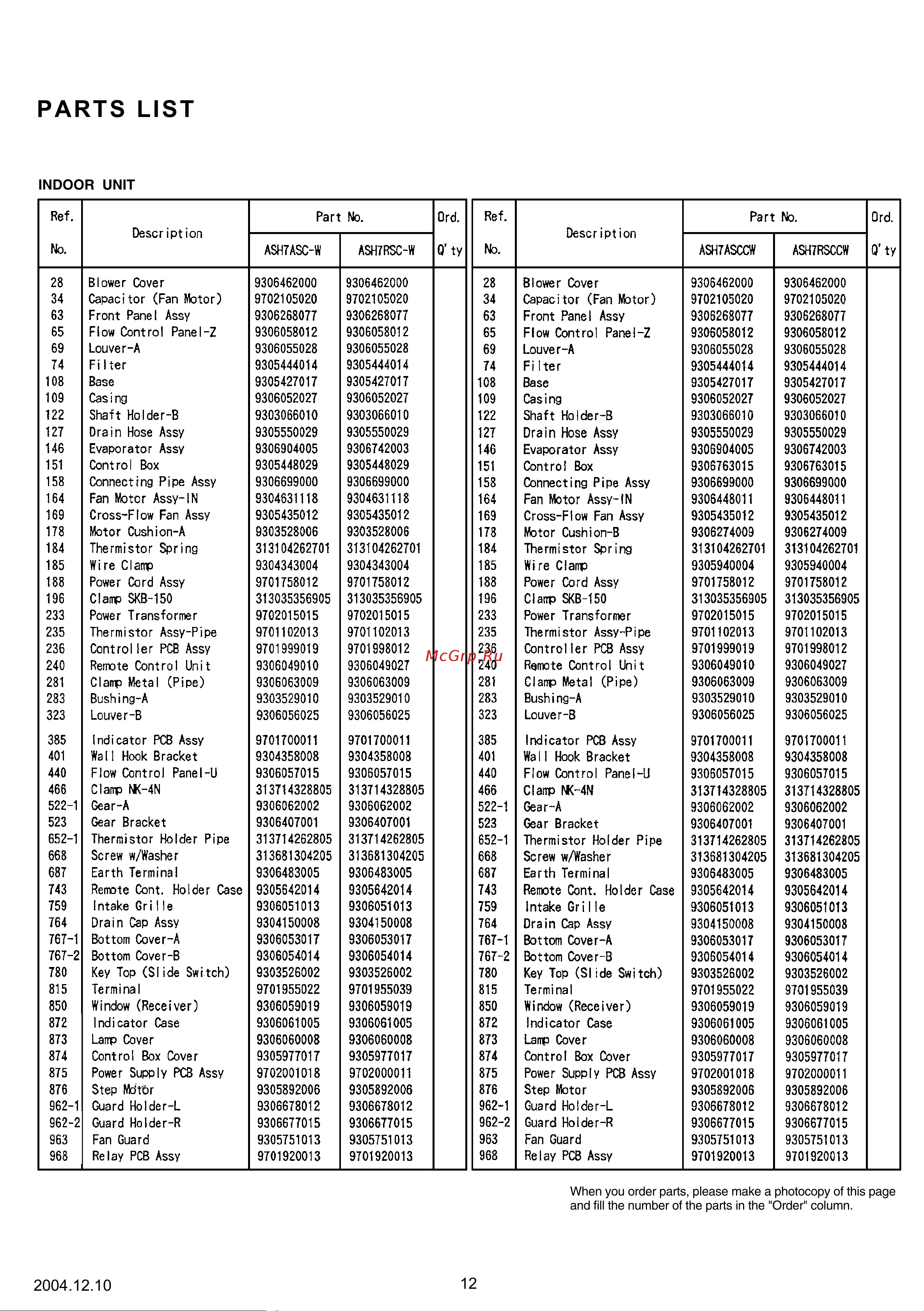 General-Fujitsu AOH7RSCC [13/16] Parts list