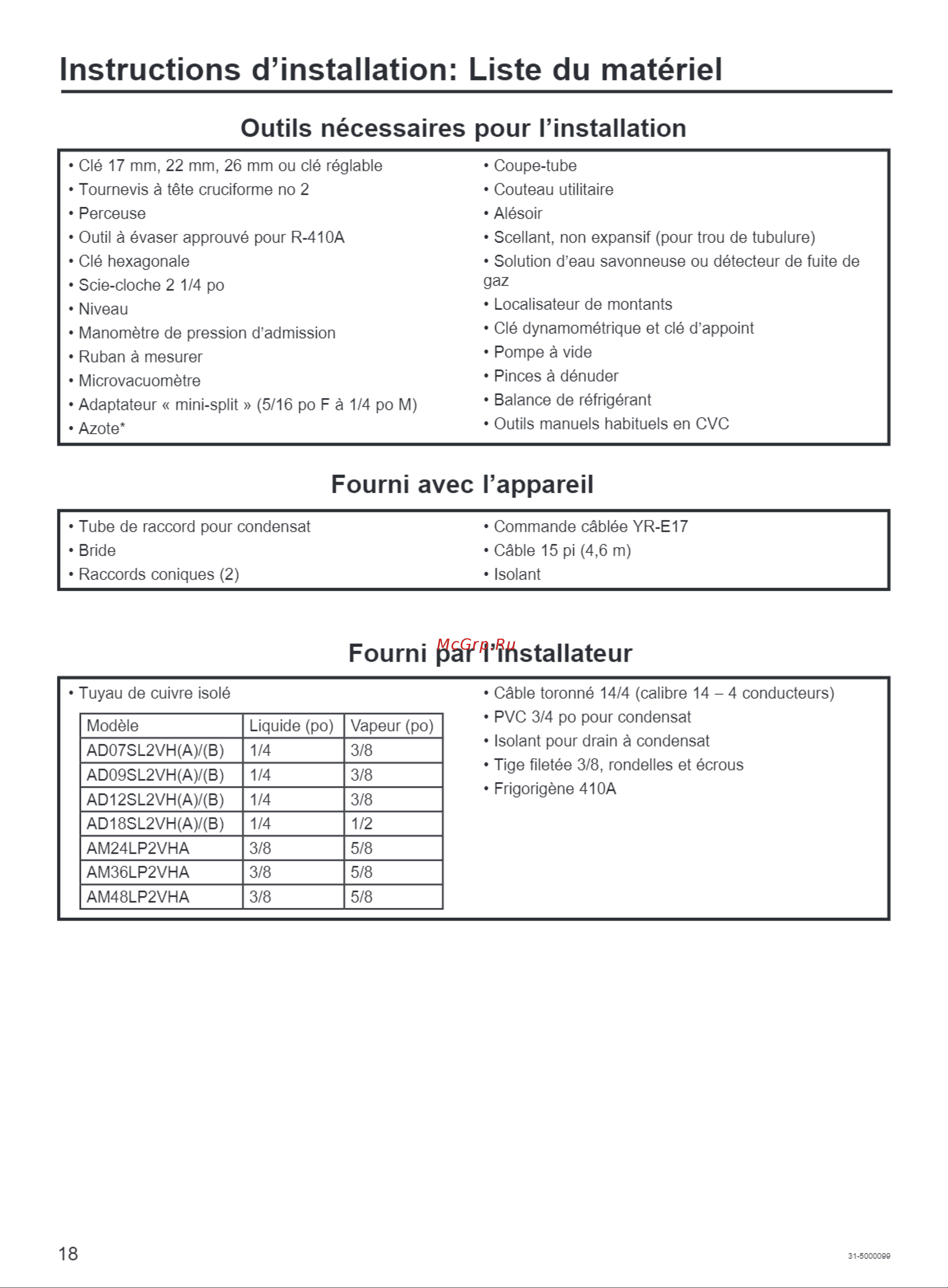 Haier AD07SL2VHA [18/38] Instructions d installation liste du matériel