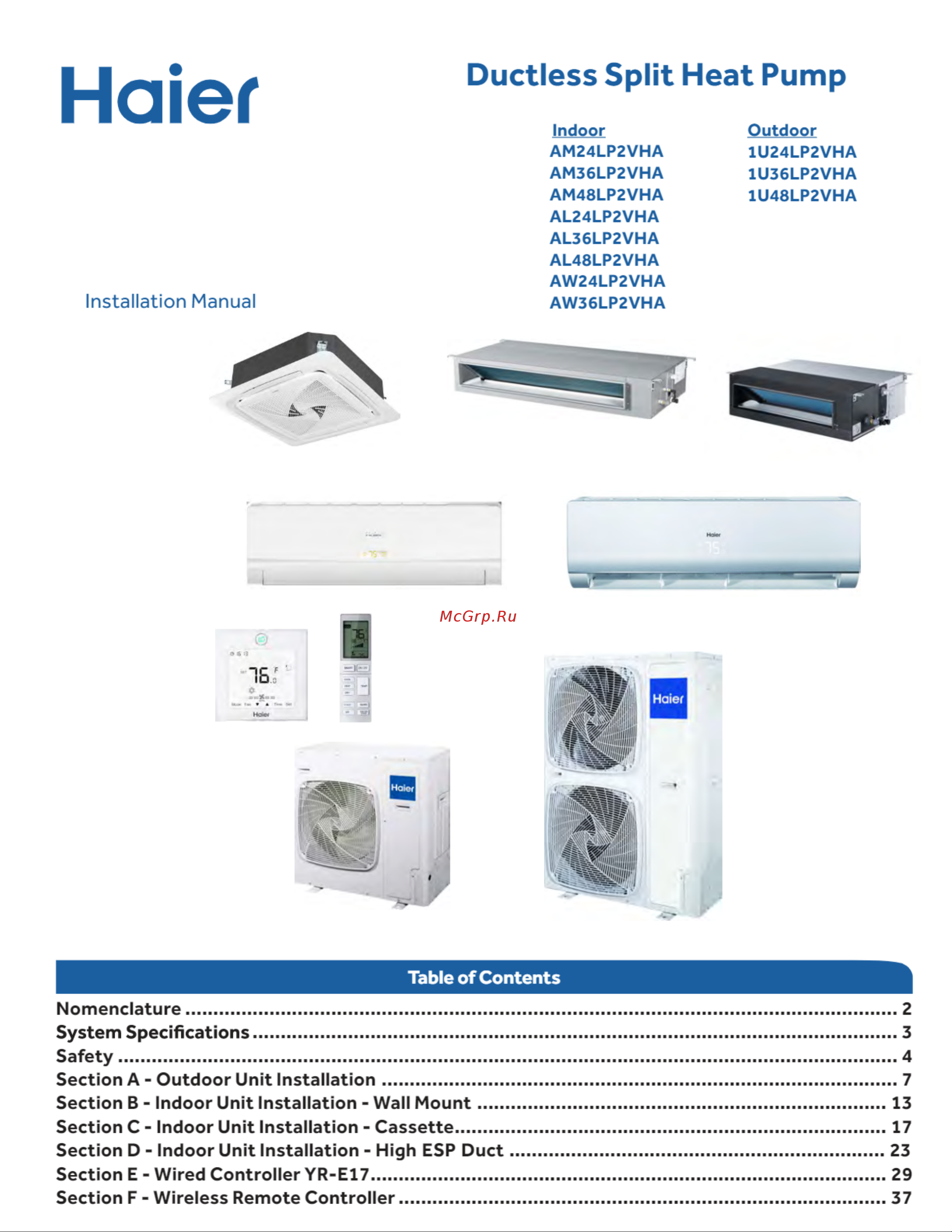 Haier AL36LP2VHA Инструкция по монтажу онлайн