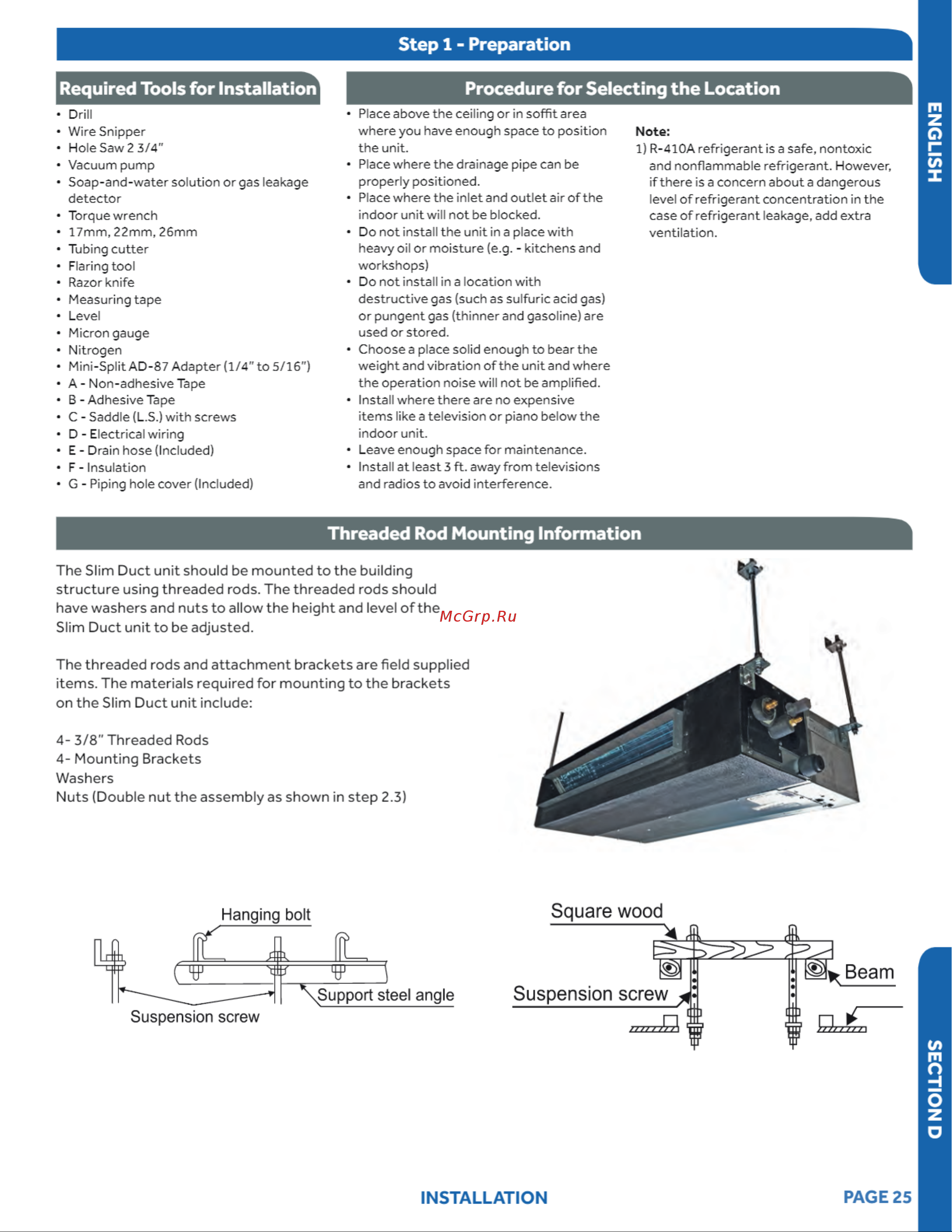Haier 1U18LC2VHA [25/42] Required tools for installation procedure for selecting the location
