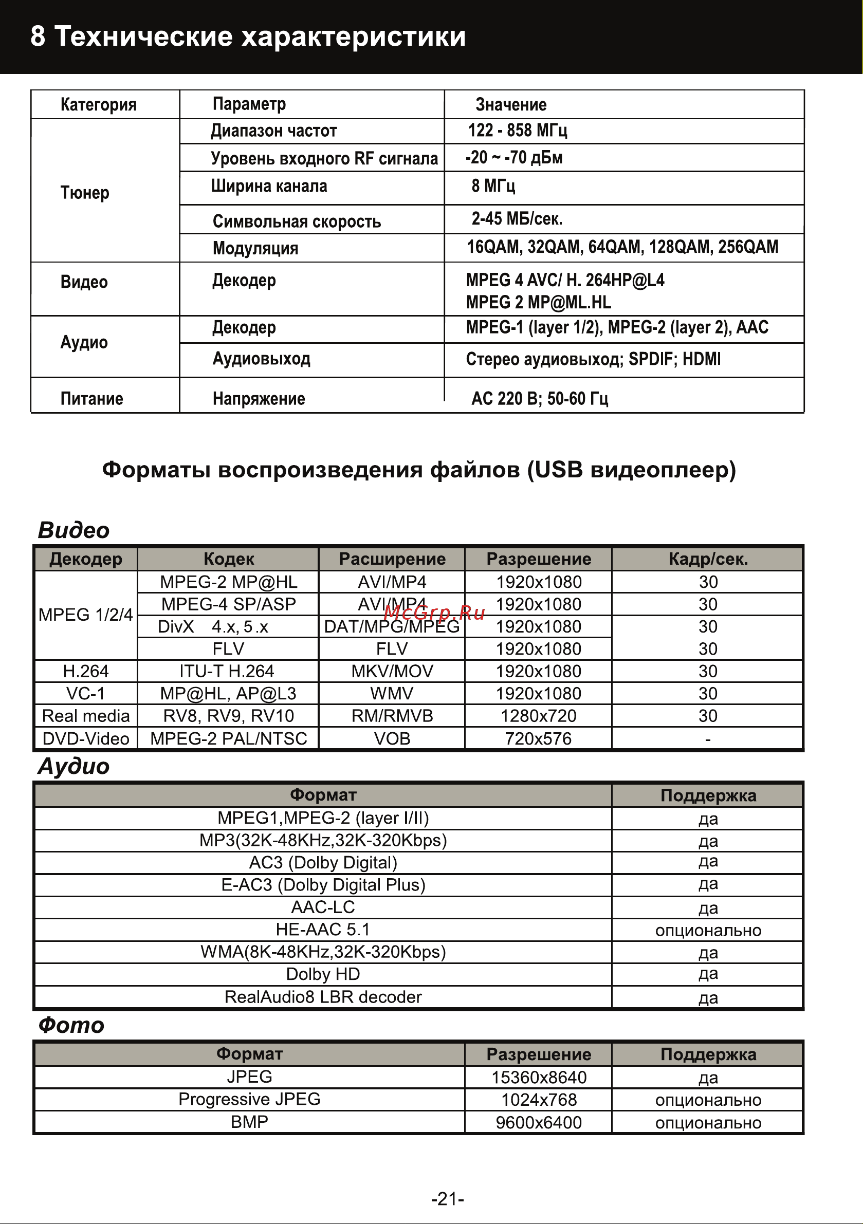 Hyundai H-DVB800 [21/22] Технические характеристики