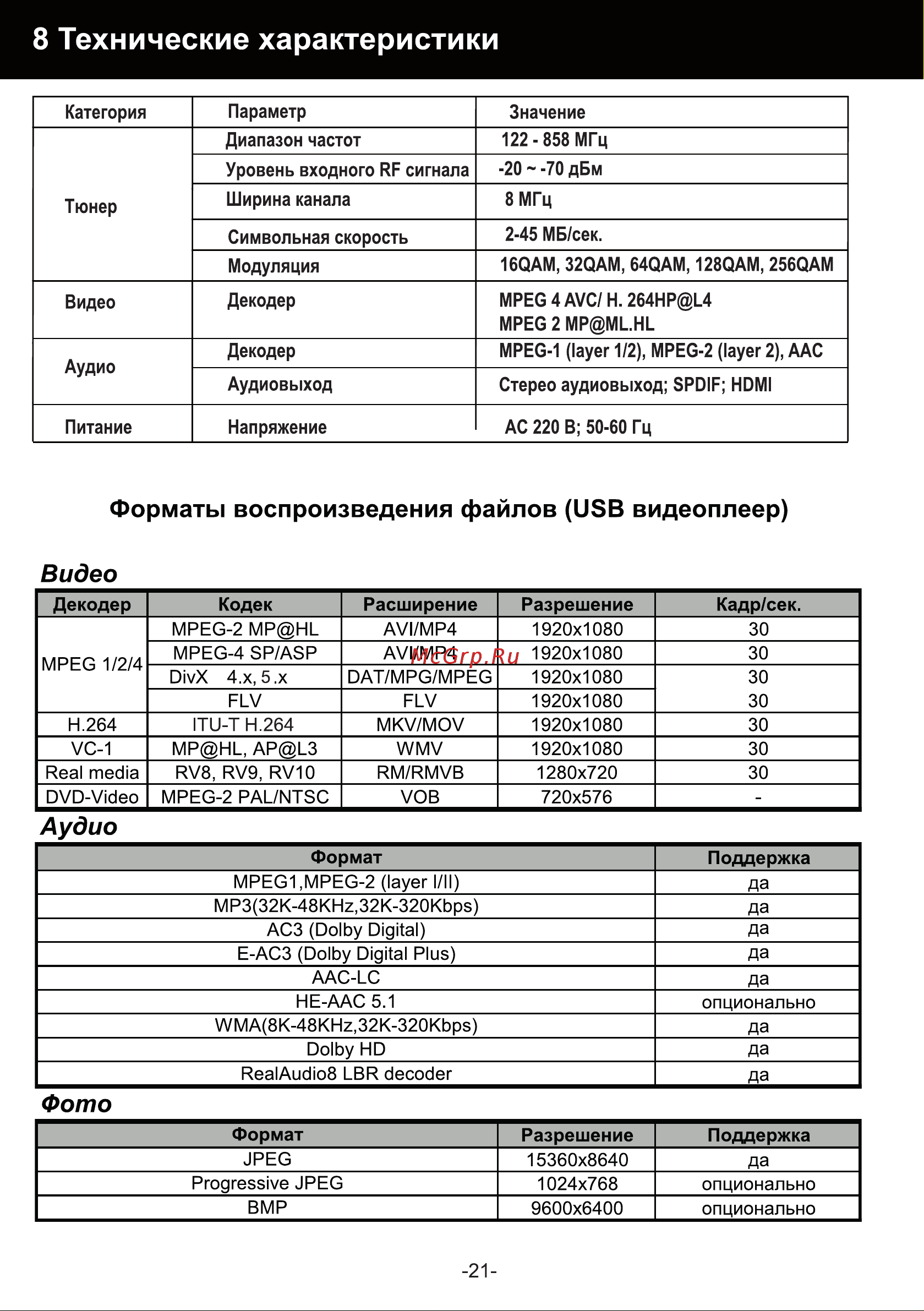 Hyundai H-DVB820 [21/22] Технические характеристики