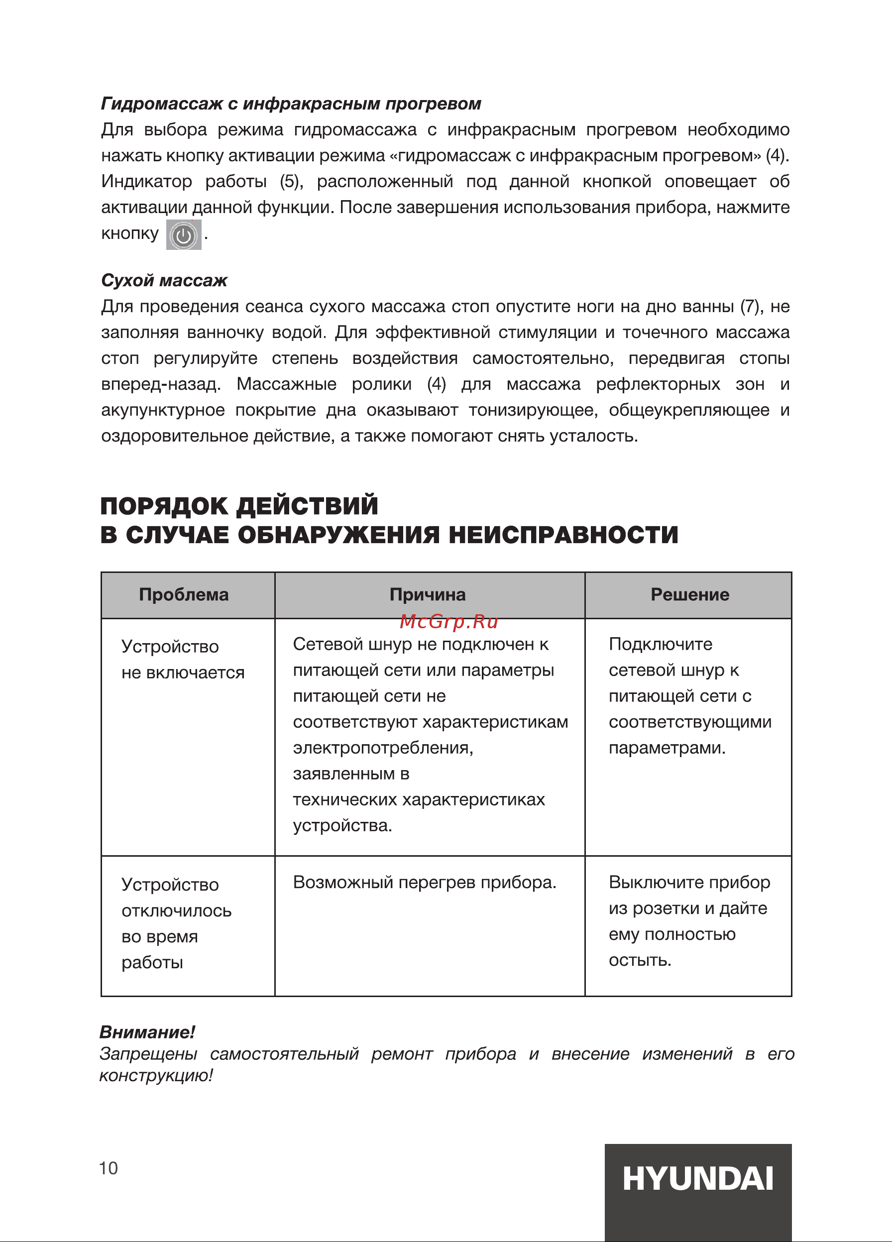 Hyundai H-FB4555 [10/16] Порядок действий в случае обнаружения неисправности