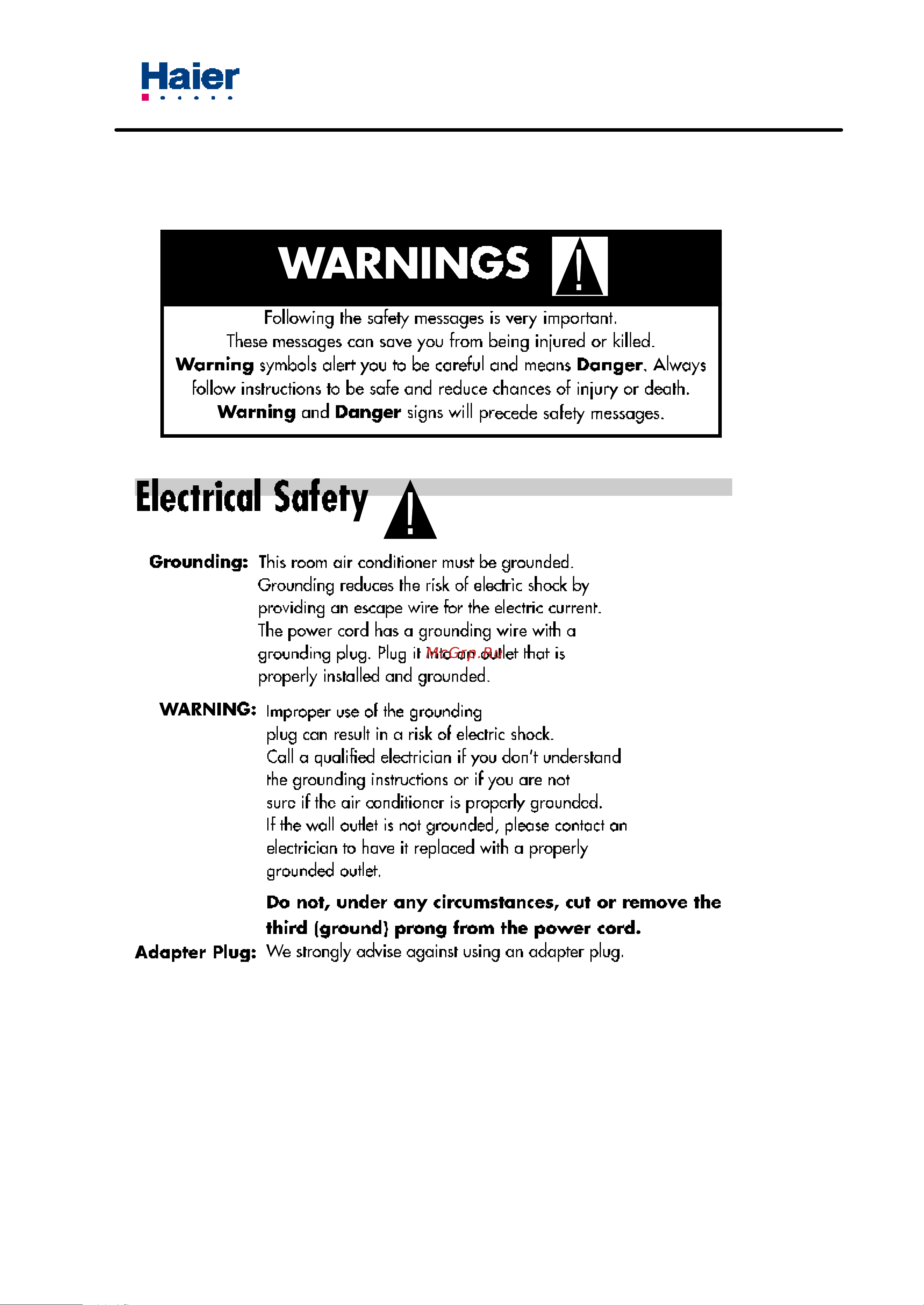 Haier ESA3125 [7/24] Warning and cautions