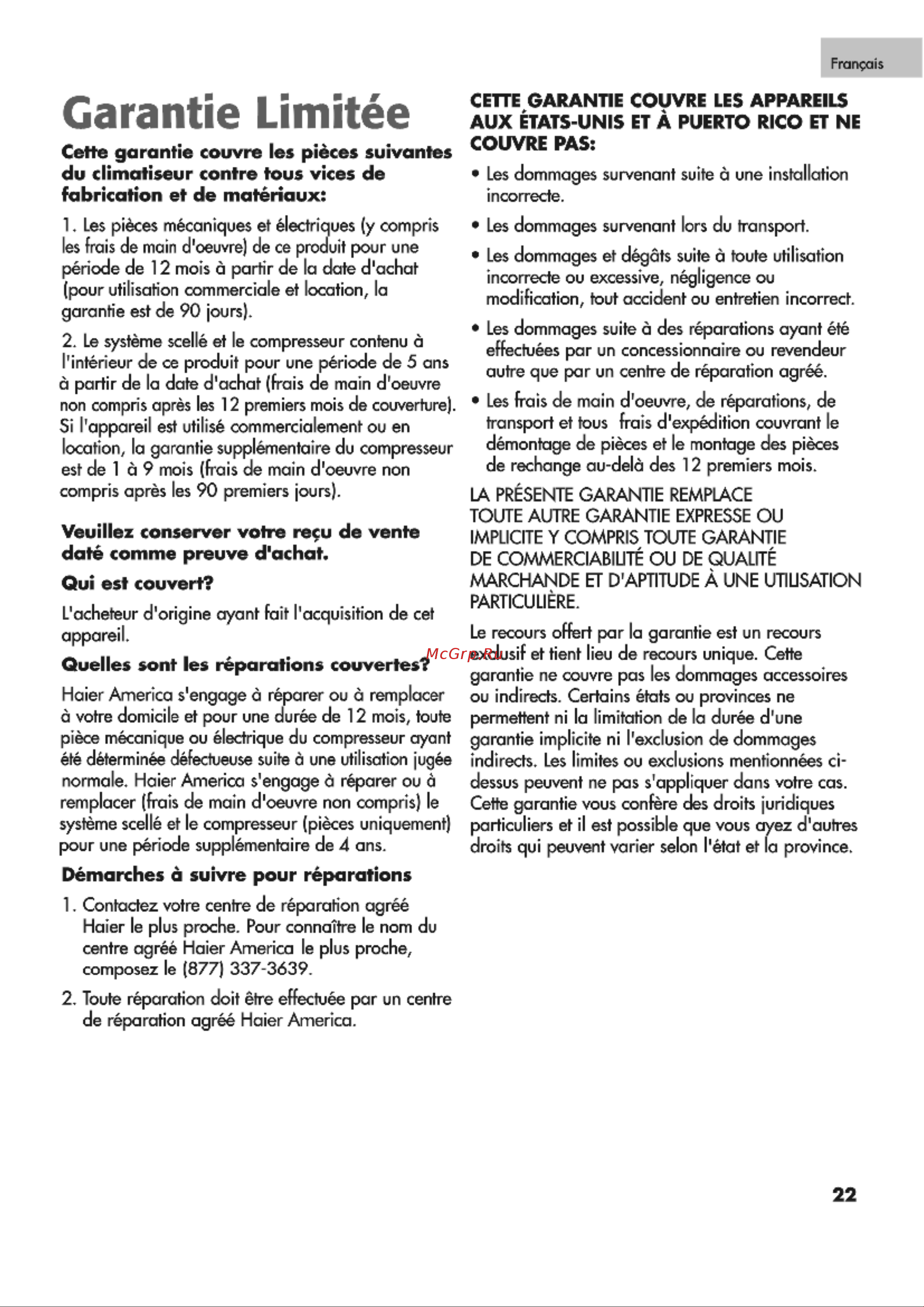 Haier CPR09XC7 [23/36] Garantie limitée
