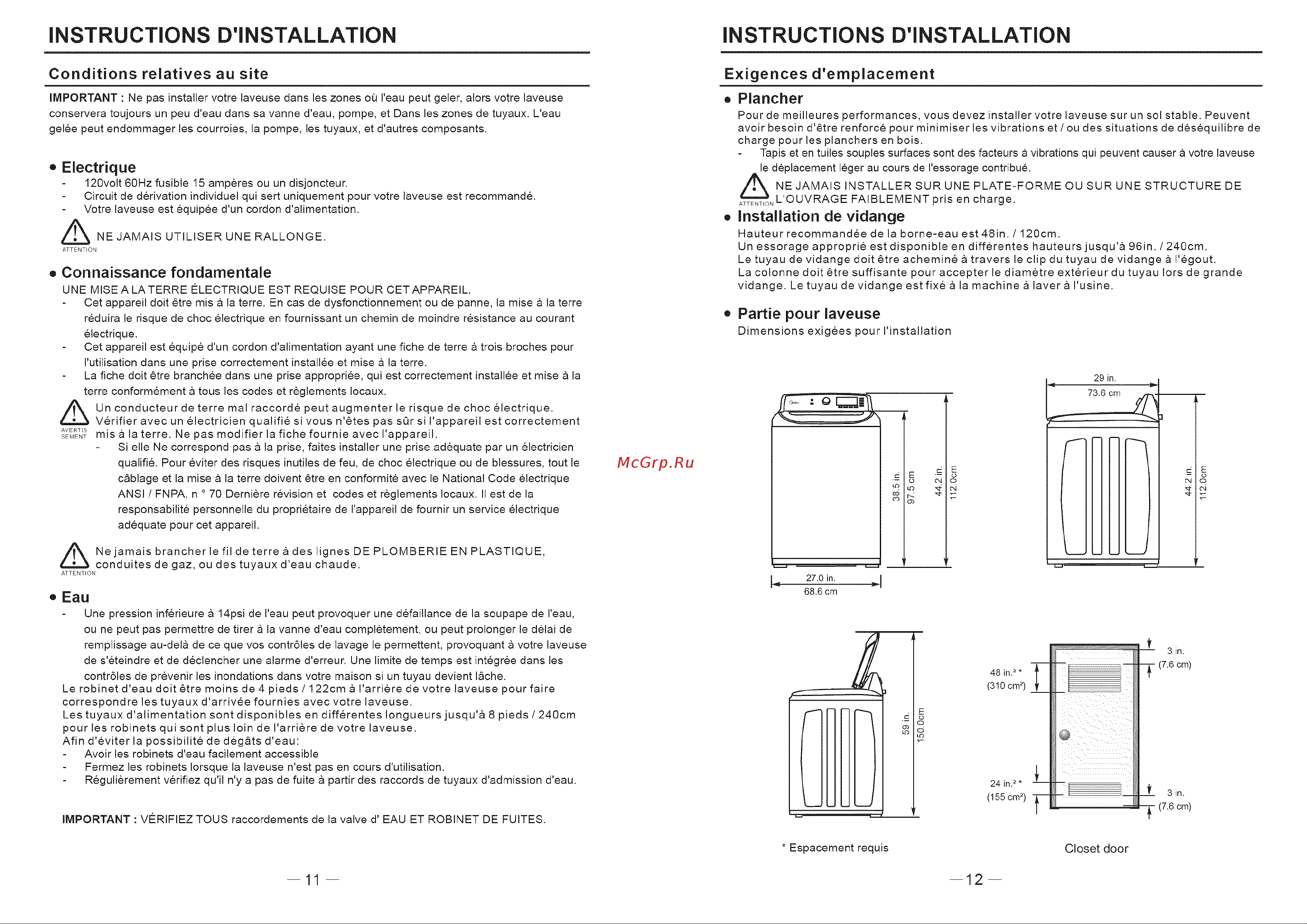 Haier HLTW600AXW [22/46] Instructions d installation instructions d installation