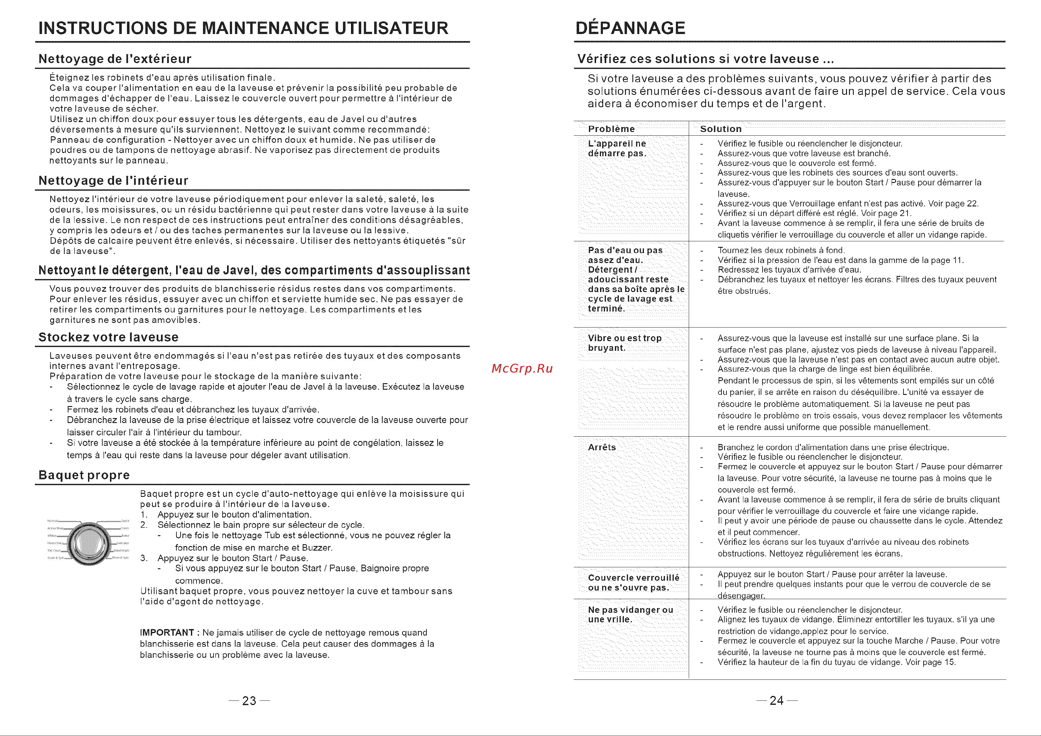 Haier HLTW600AXW [28/46] Instructions de maintenance utilisateur depannage