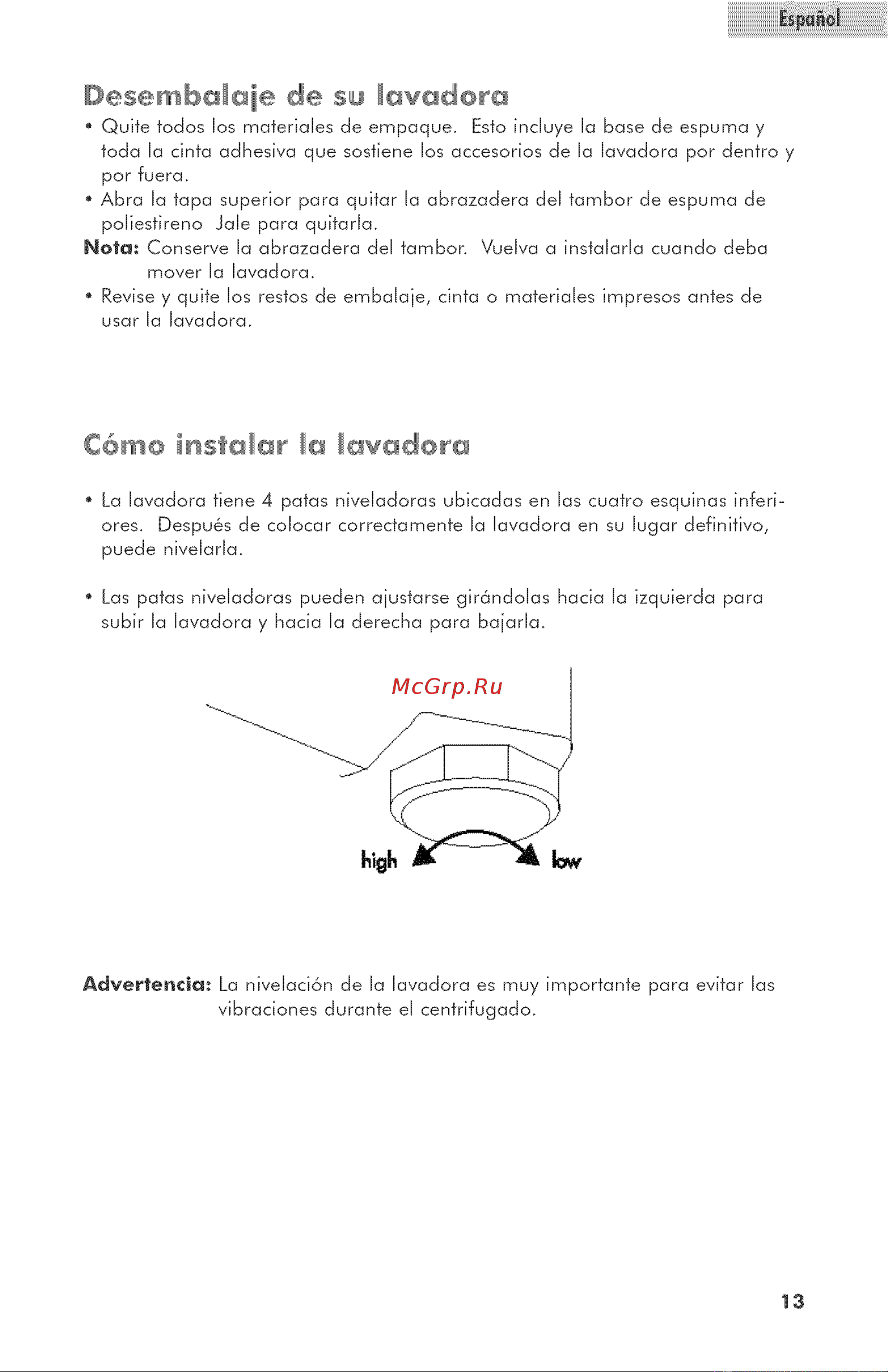 Haier HLT364XXQ [47/52] Advertencja la nivelaci6n de la lavadora es muy importante para evtar las vibraciones durante el centrifugado