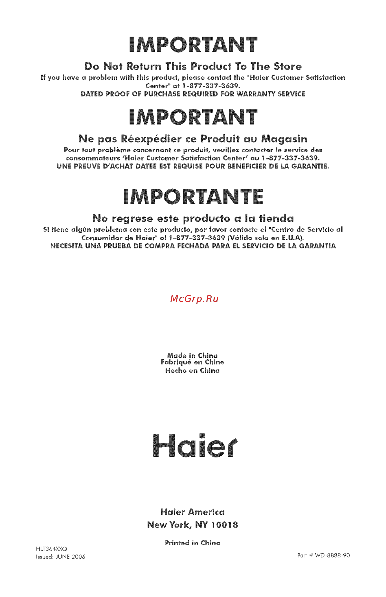 Haier HLT364XXQ [52/52] Importante