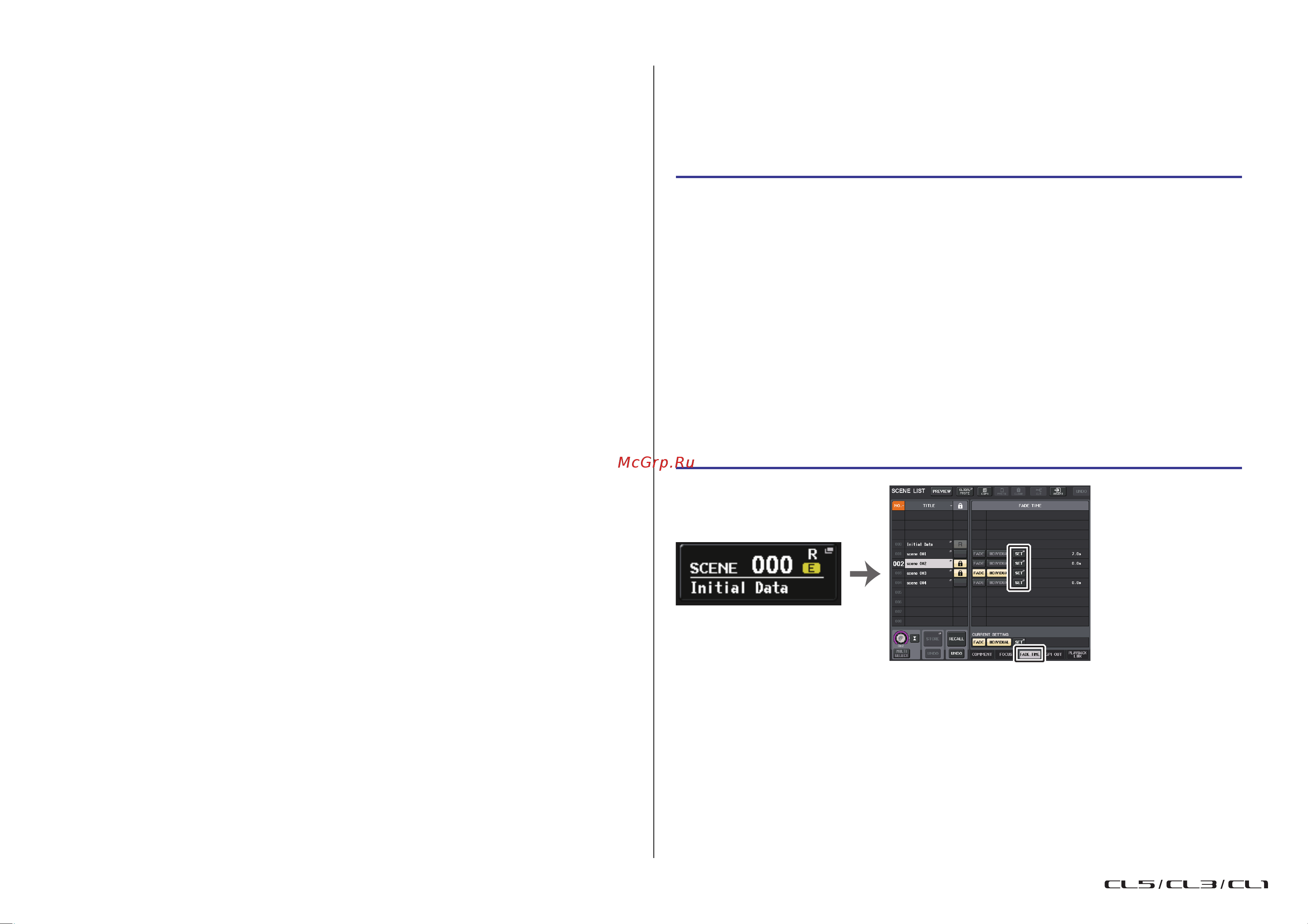 Yamaha CL3 [106/337] В окне scene list список сцен нажмите кнопку fade для включения функции изменения громкости