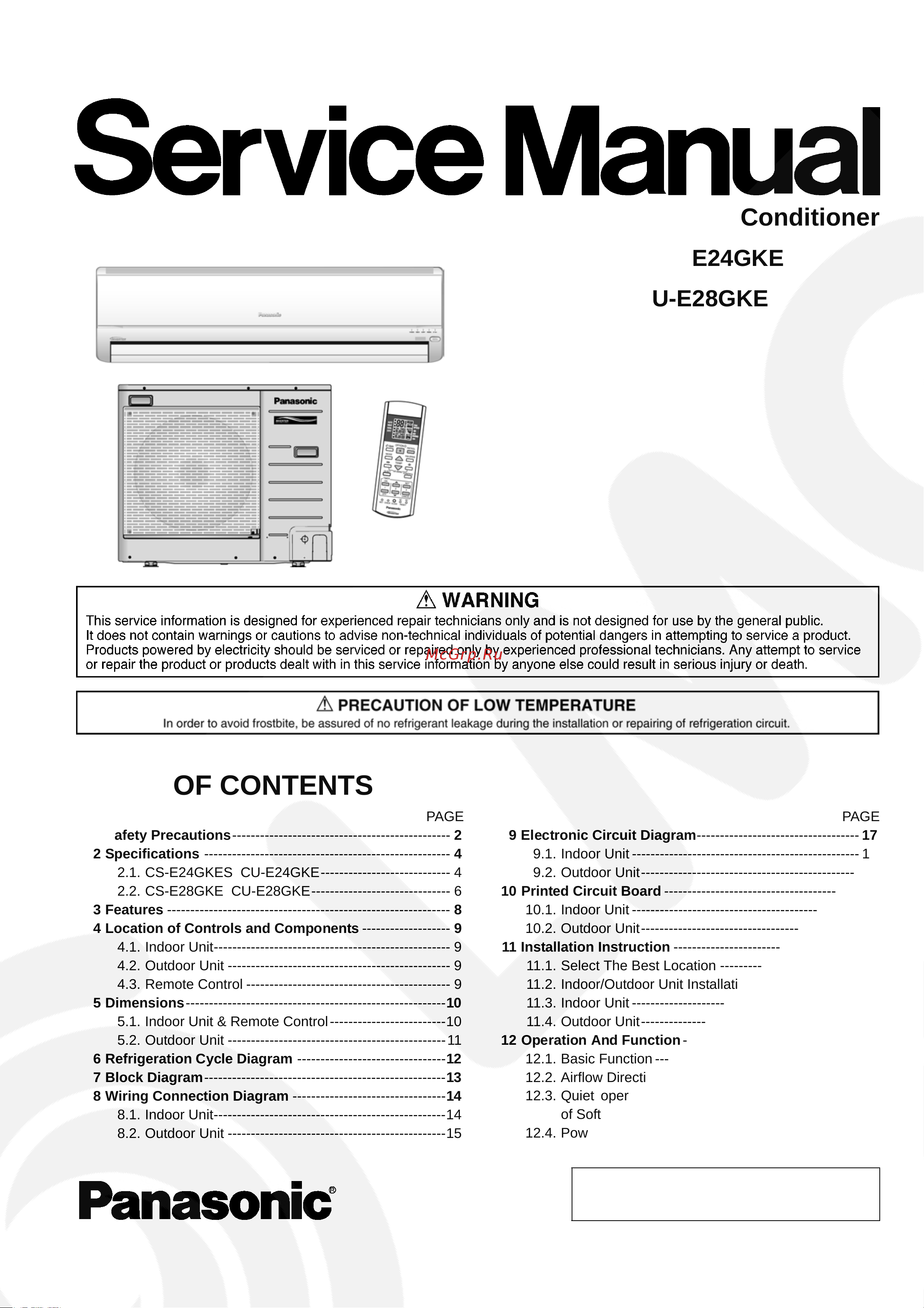 Panasonic CS-E24GKES Сервис мануал онлайн