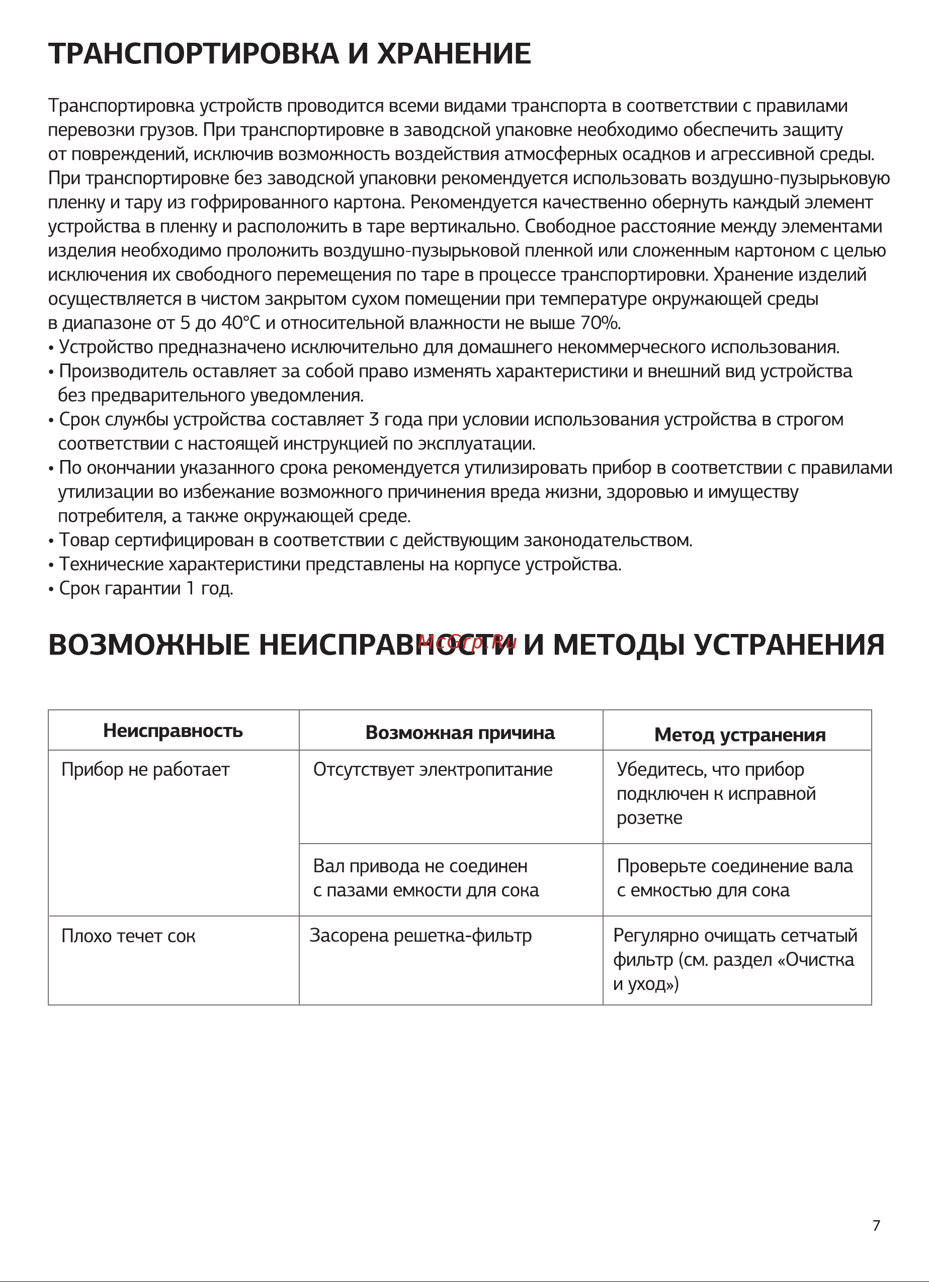 STARWIND SJ1241 [7/12] Возможные неисправности и методы устранения
