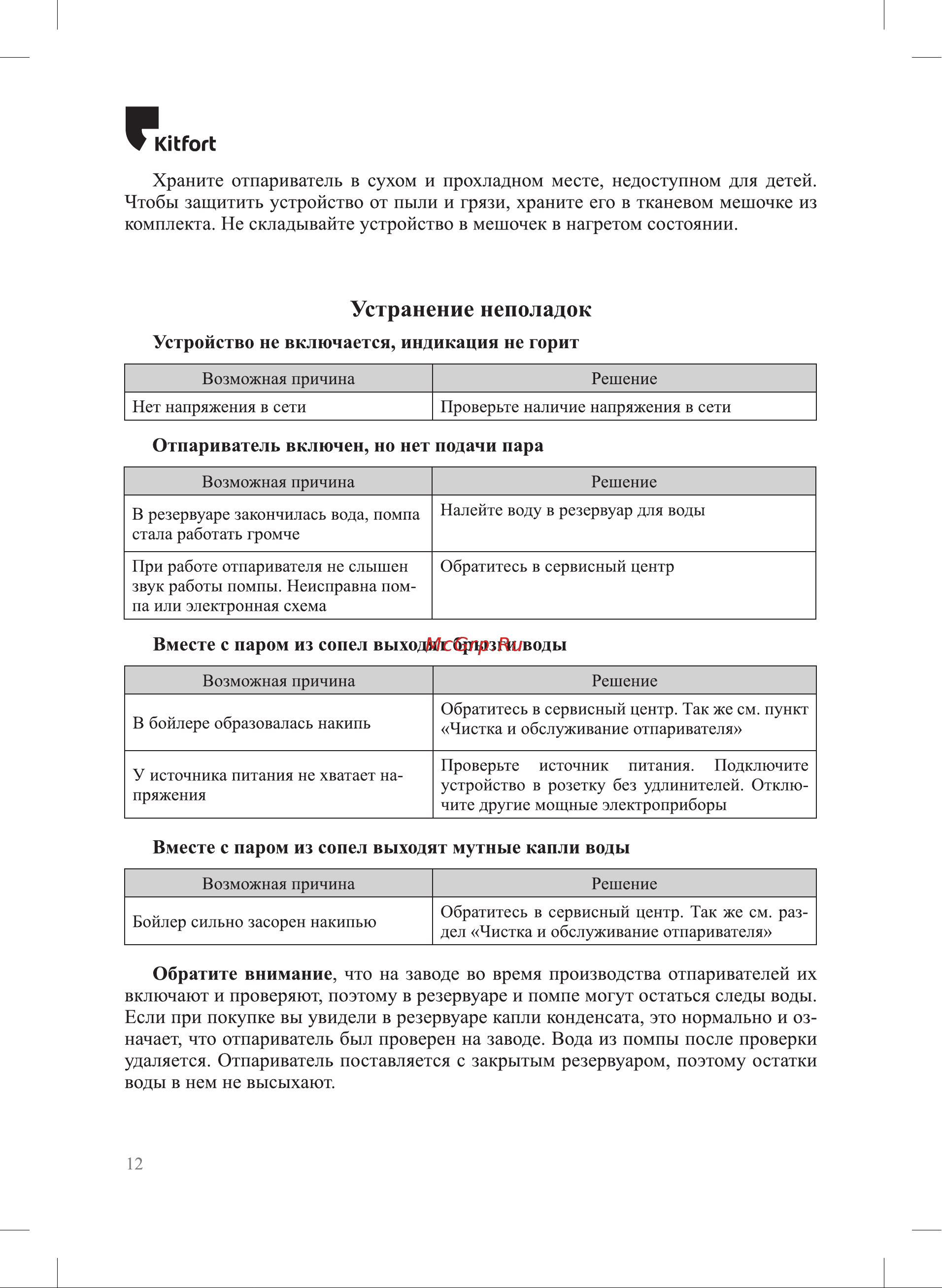 Kitfort КТ-994 [12/16] Отпариватель включен но нет подачи пара