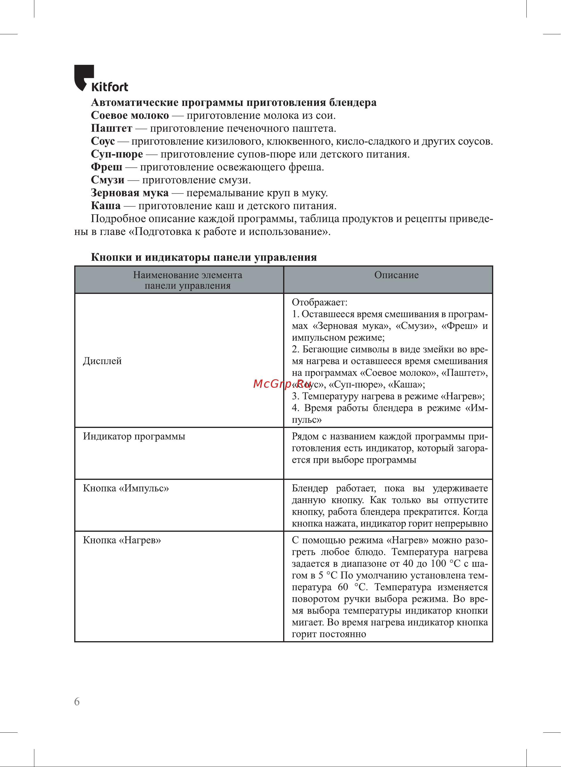 Kitfort KT-3058 [6/24] Автоматические программы приготовления блендера соевое молоко приготовление молока из сои паштет приготовление печеночного паштета соус приготовление кизилового клюквенного кисло сладкого и других соусов суп пюре приготовление супов пюре или детского питания фреш приготовление освежающего фреша смузи приготовление смузи зерновая мука перемалывание круп в муку каша приготовление каш и детского питания подробное описание каждой программы таблица продуктов и рецепты приведе
