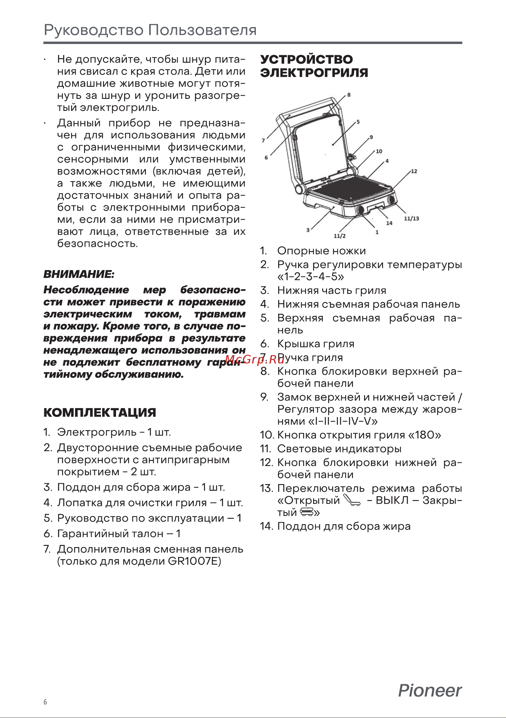Pioneer GR1007E [6/16] Устройство электрогриля
