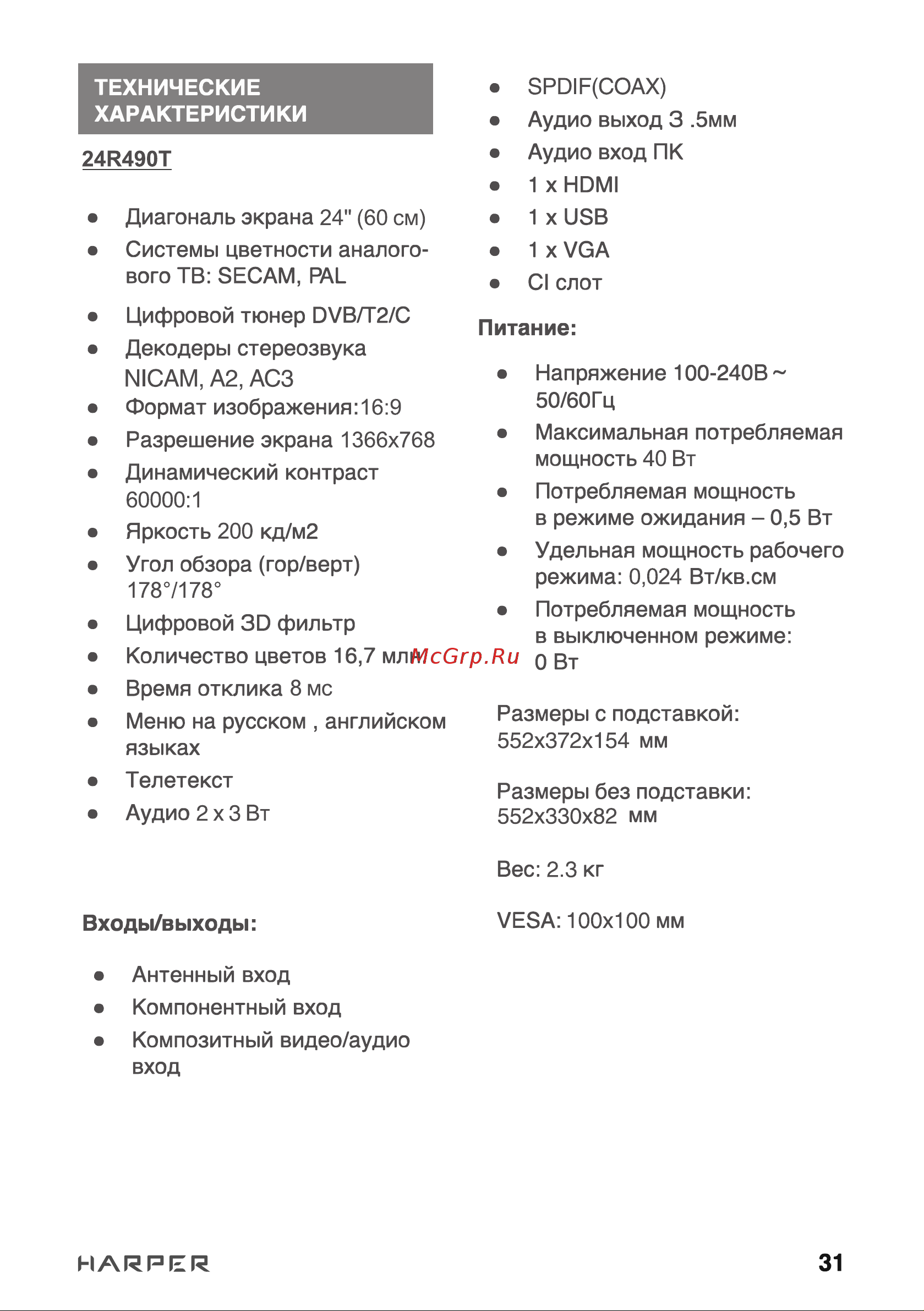 Harper 24R490T [31/34] Входы выходы