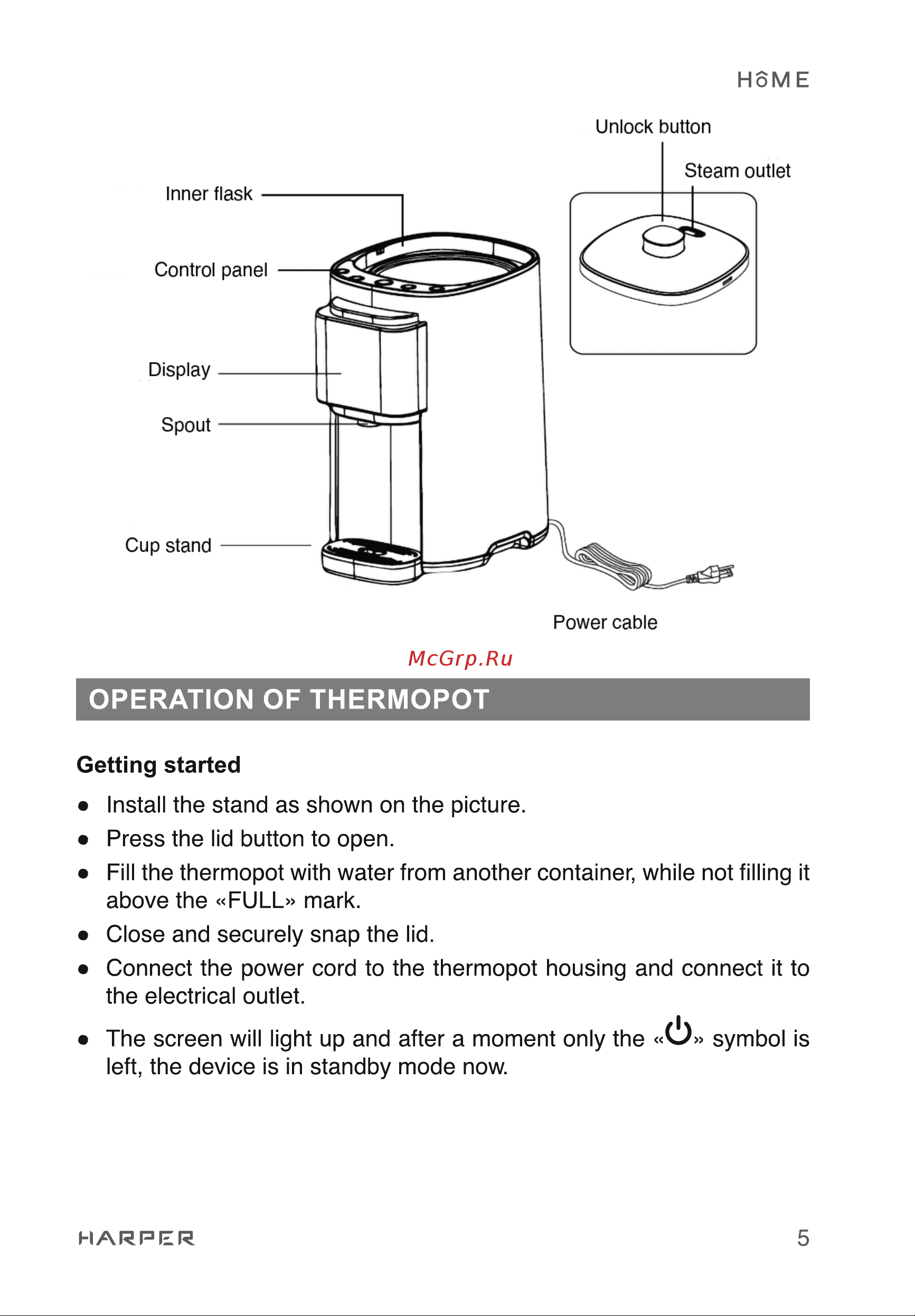 Harper HTP-5T01 [5/38] Operation of thermopot