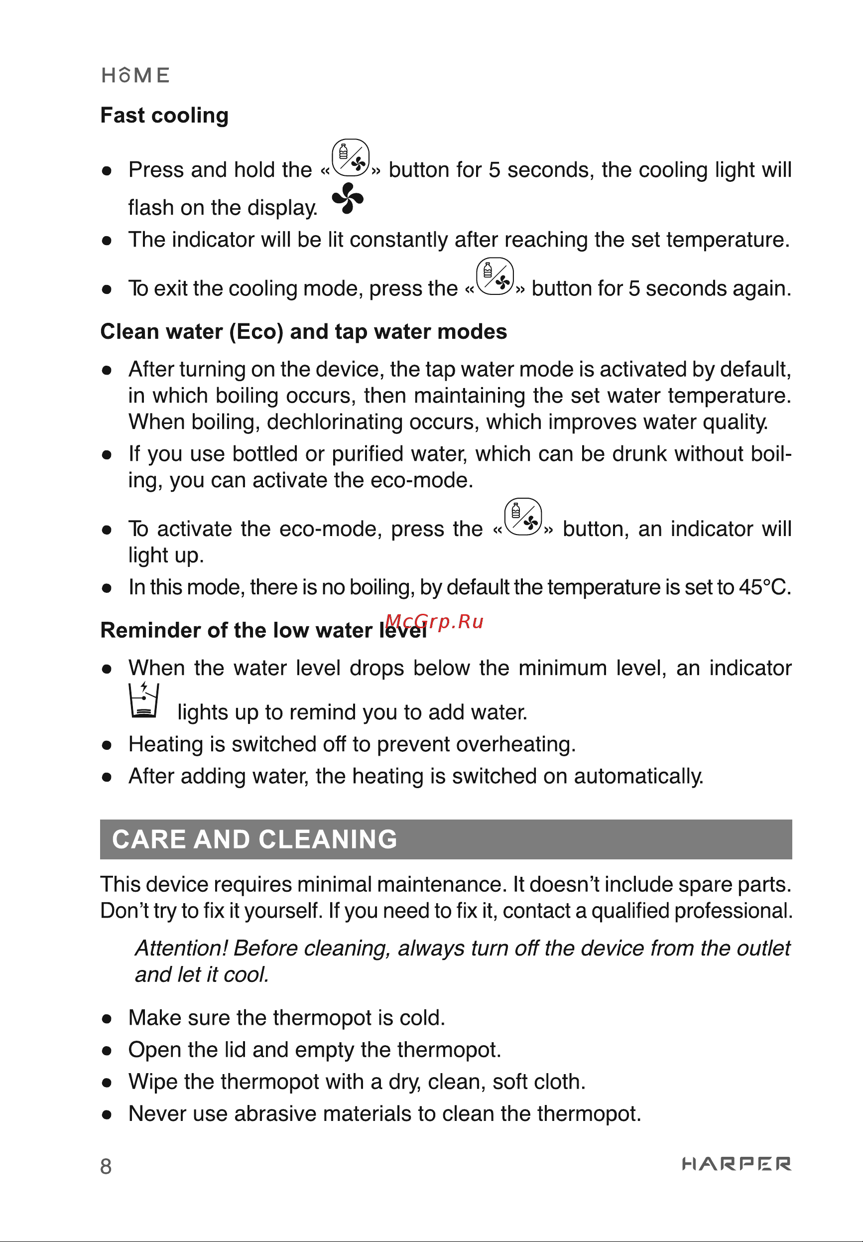 Harper HTP-5T01 [8/38] Care and cleaning