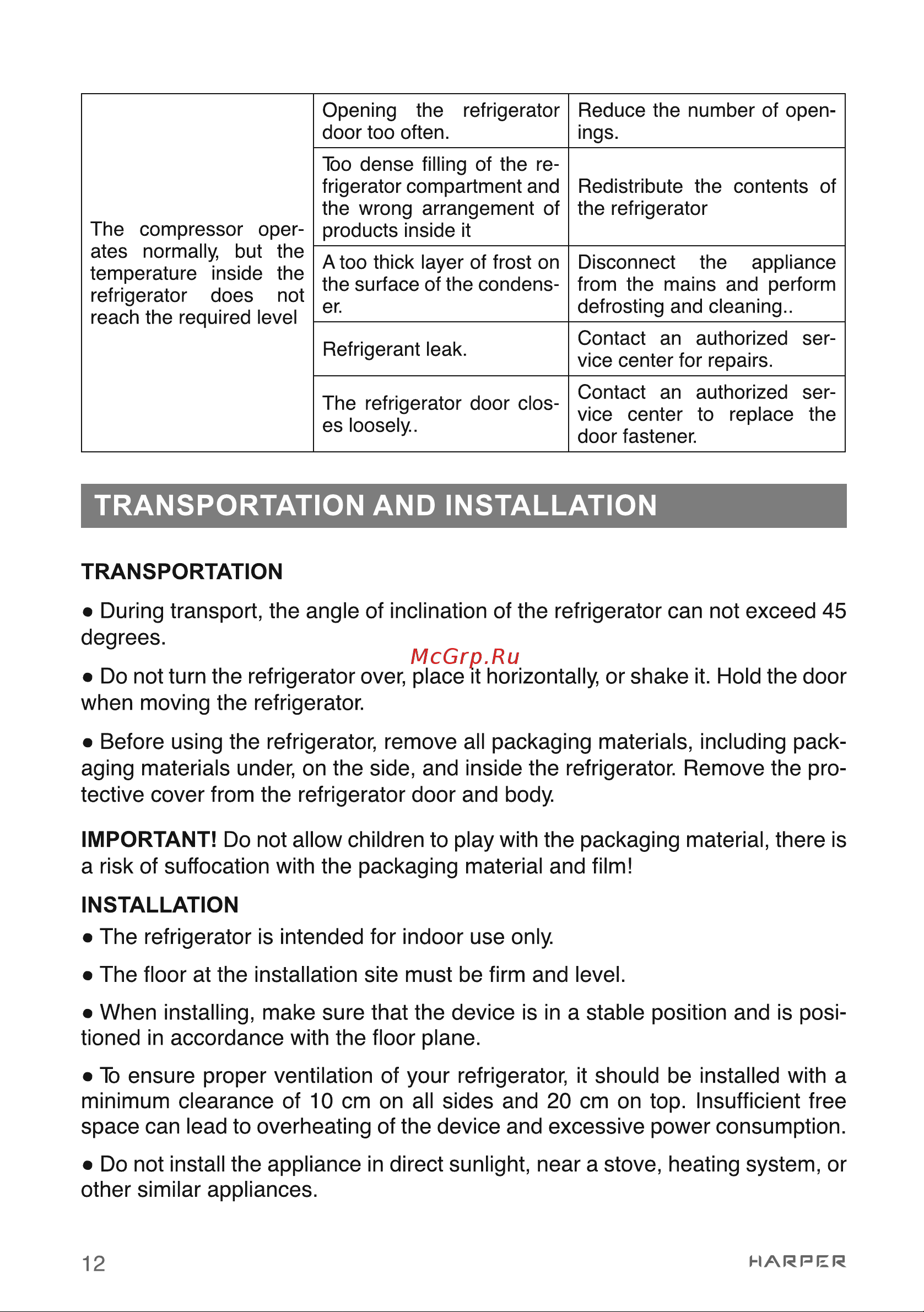 Harper HRF-T140M [12/43] Transportation and installation