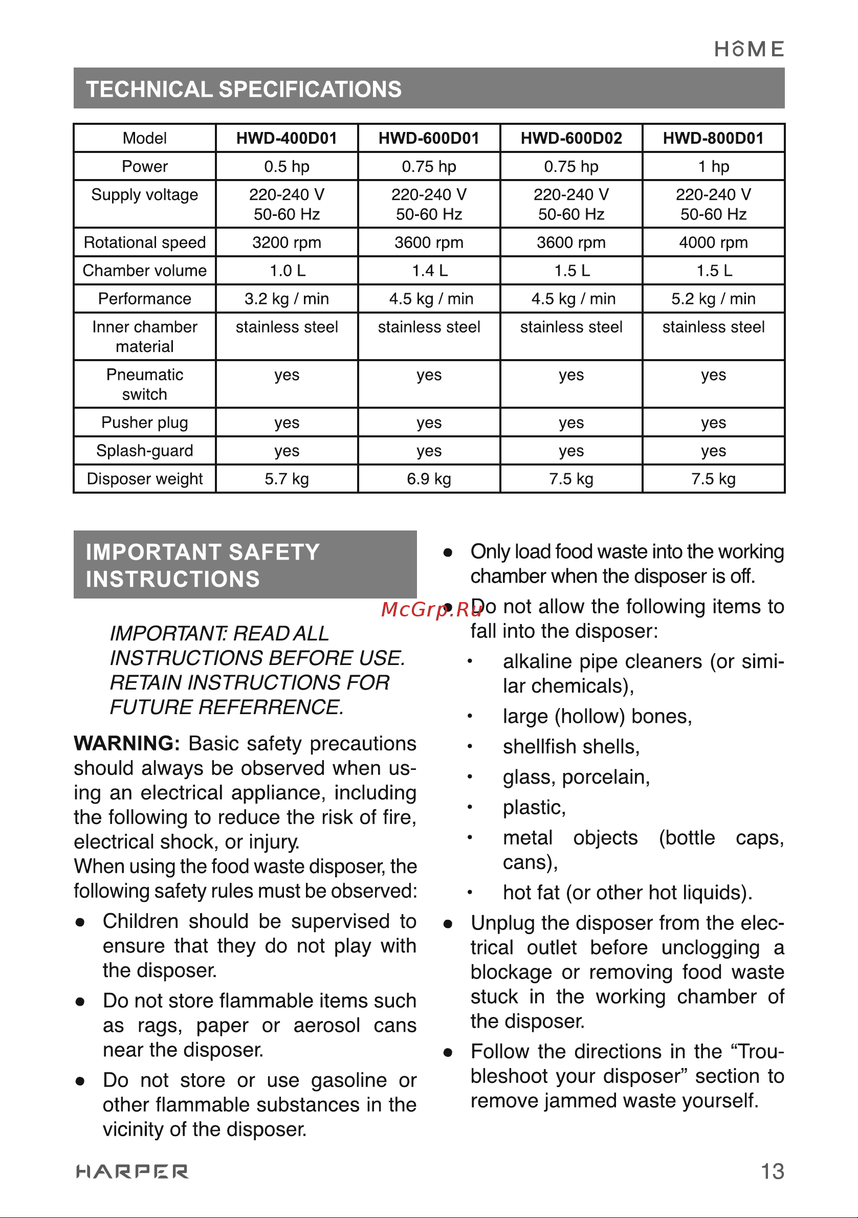Harper HWD-800D01 H00003319 [13/45] Technical specifications