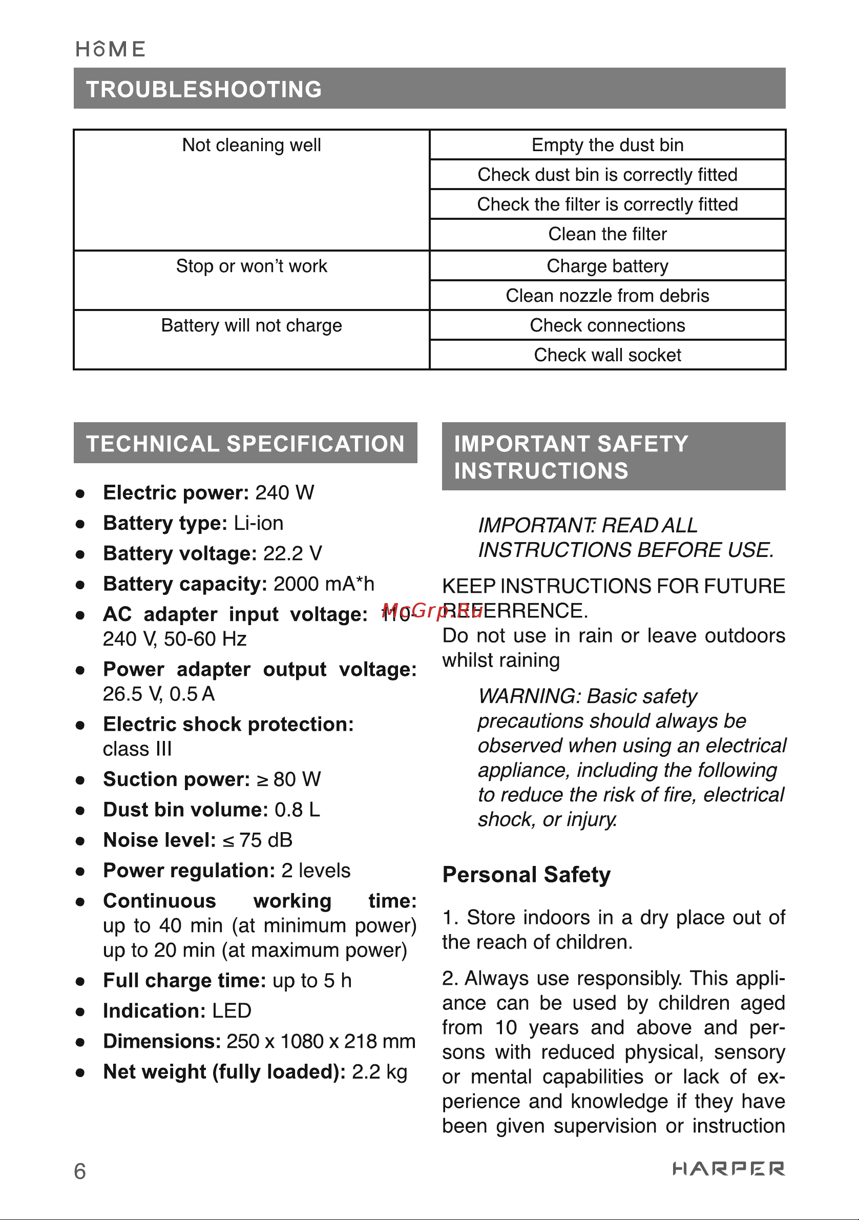 Harper HVC-VR02 [6/26] Important safety instructions