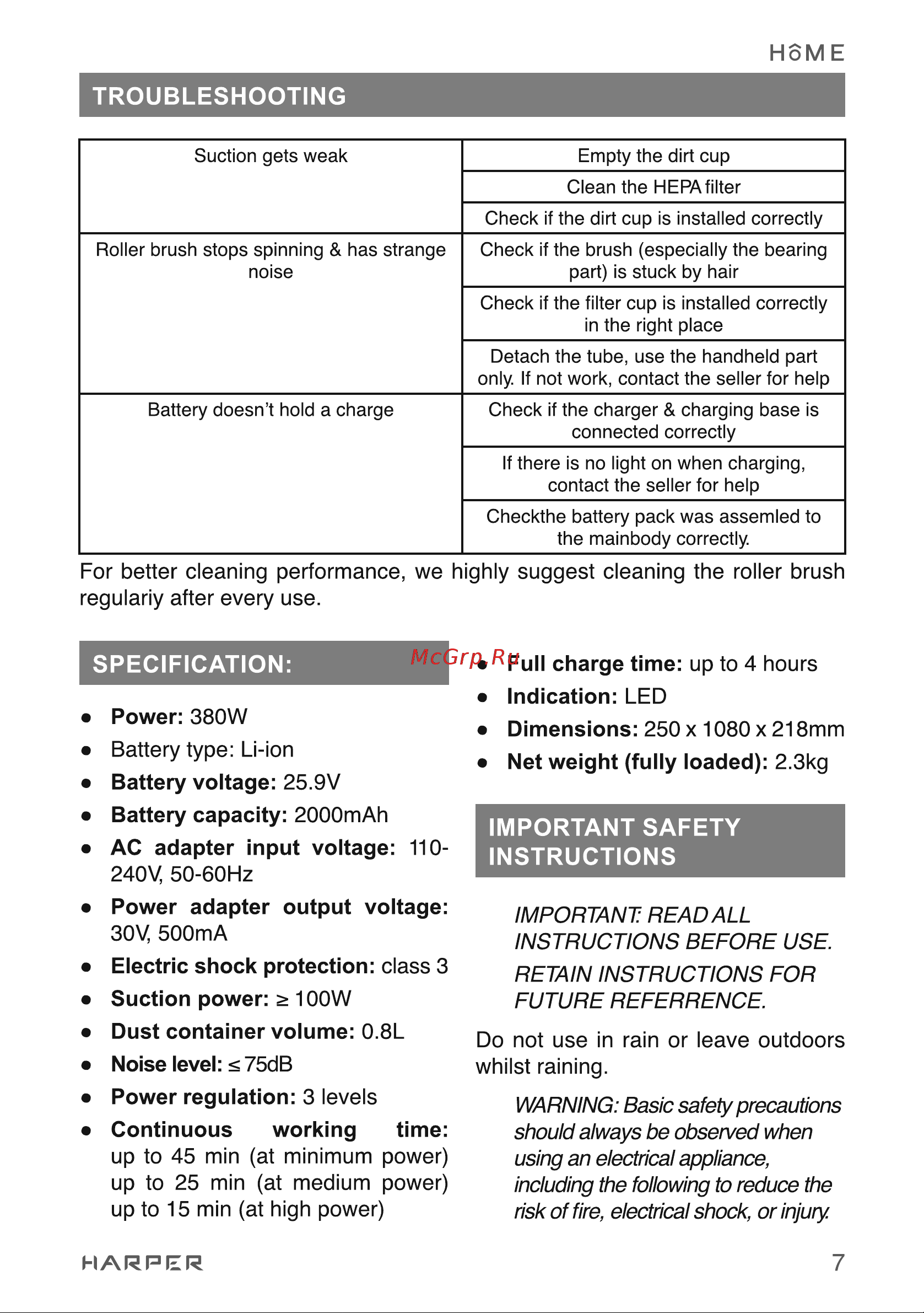 Harper HVC-VR02 H00003259 [7/30] Important safety instructions