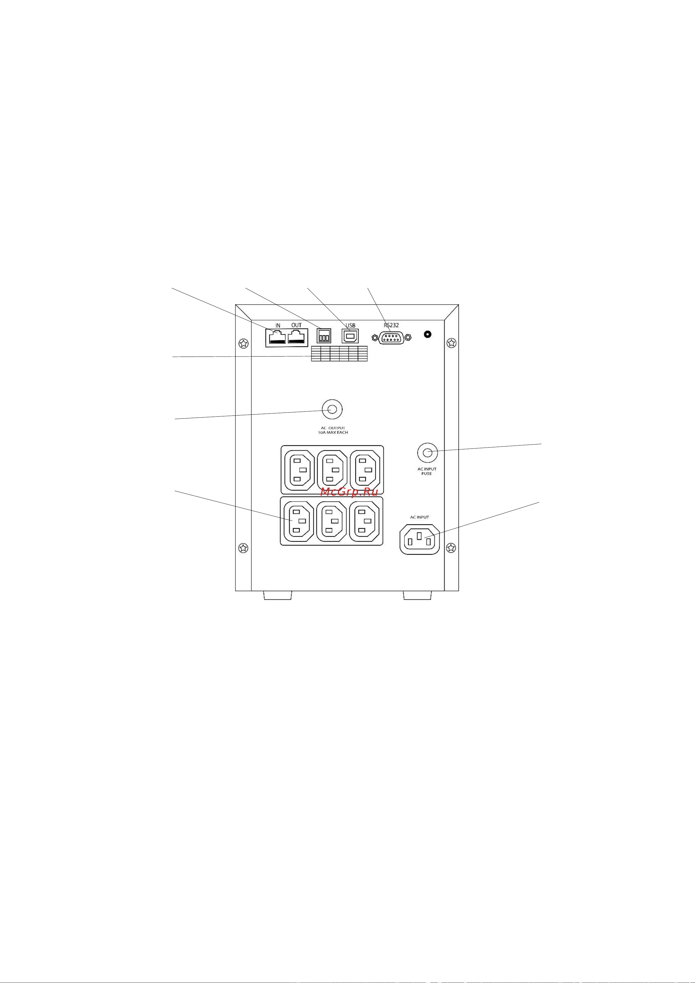 Roxton JPX-3000 [12/22] Порт rj45 2 переключатель dip 3 порт usb 4 порт rs232 5 выход 6 паспортная табличка 7 входной предохранитель 8 выходной предохранитель 9 разъем для подключения кабеля питания
