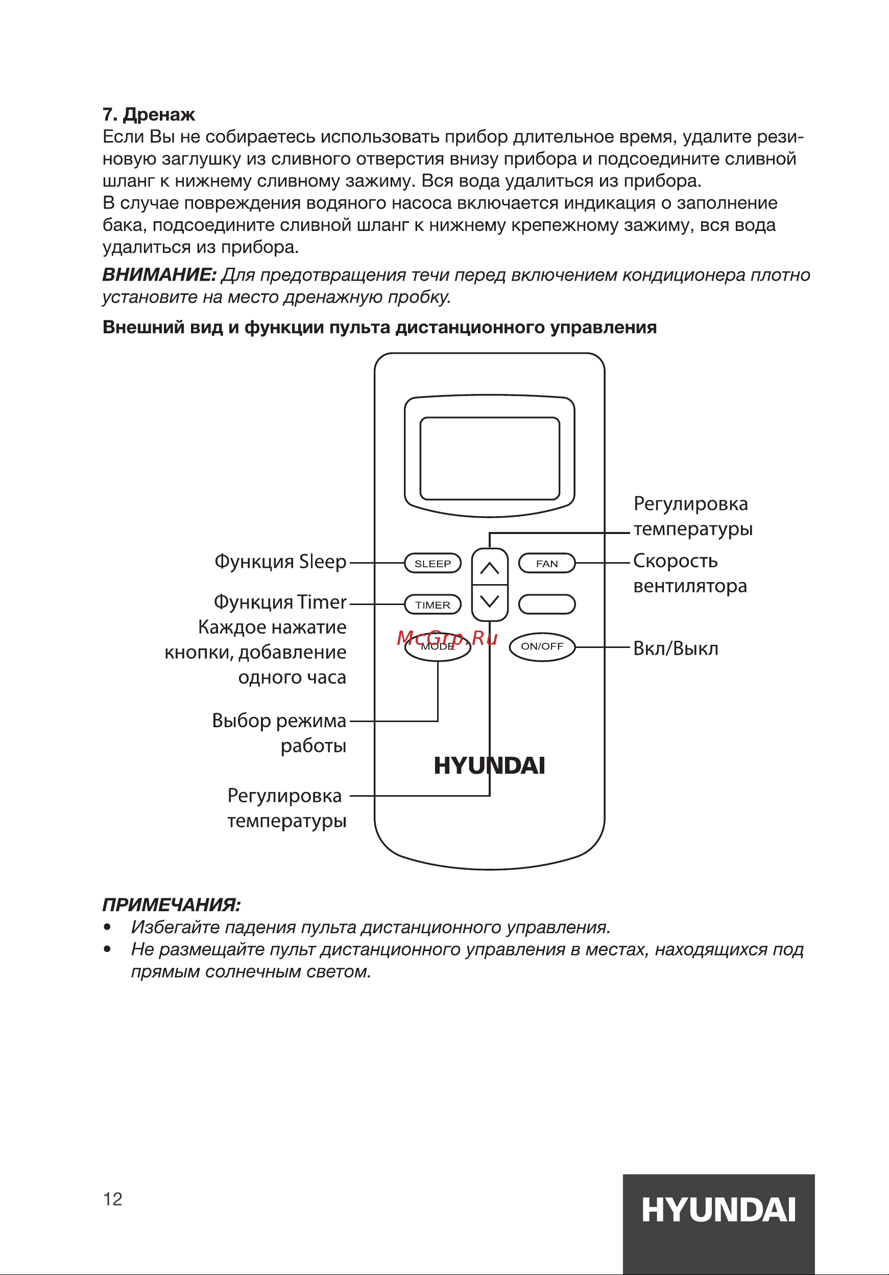 Hyundai HPAC-07-1 [12/20] Дренаж если вы не собираетесь использовать прибор длительное время удалите рези новую заглушку из сливного отверстия внизу прибора и подсоедините сливной шланг к нижнему слив...