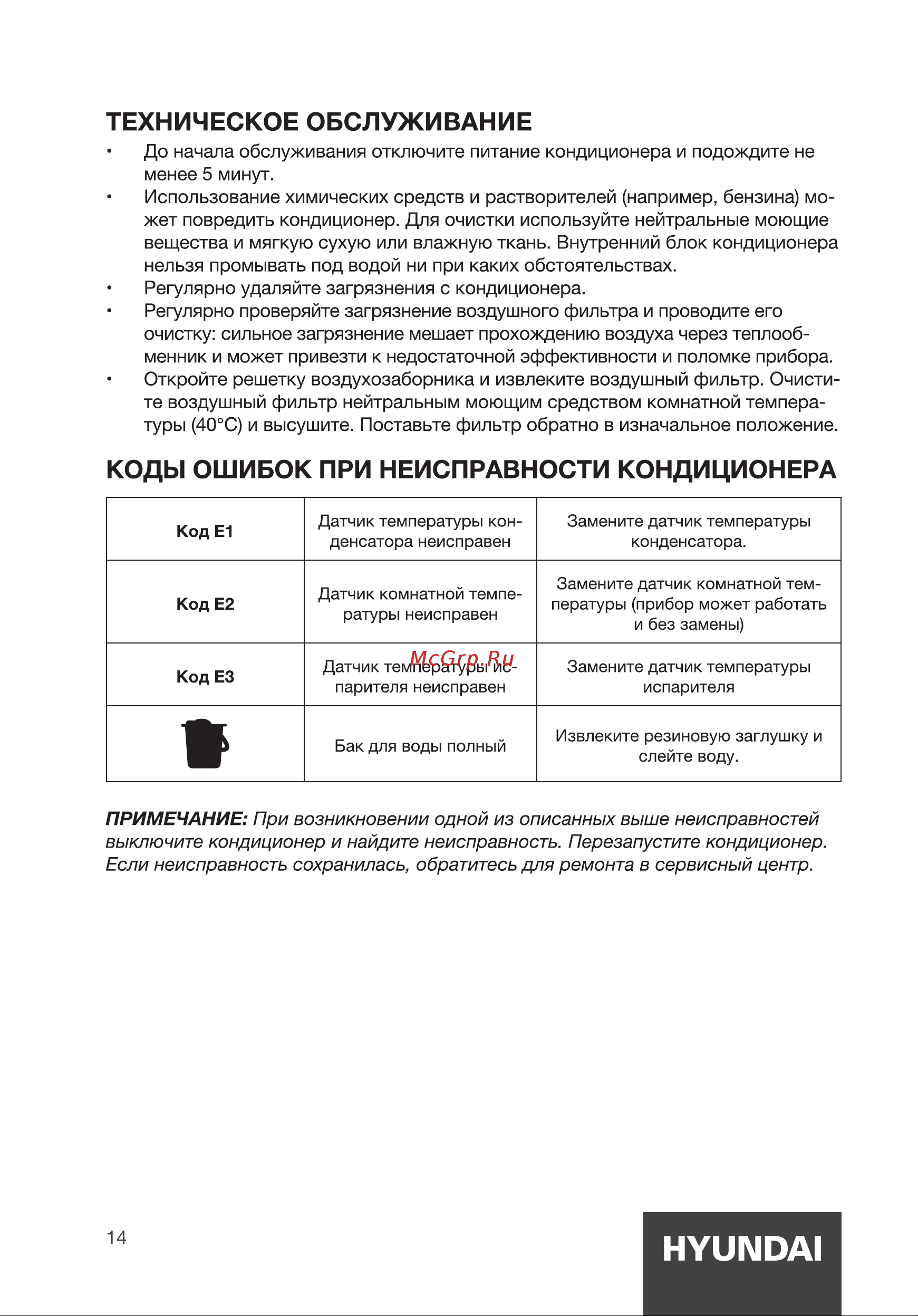 Hyundai HPAC-07-1 [14/20] Коды ошибок при неисправности кондиционера