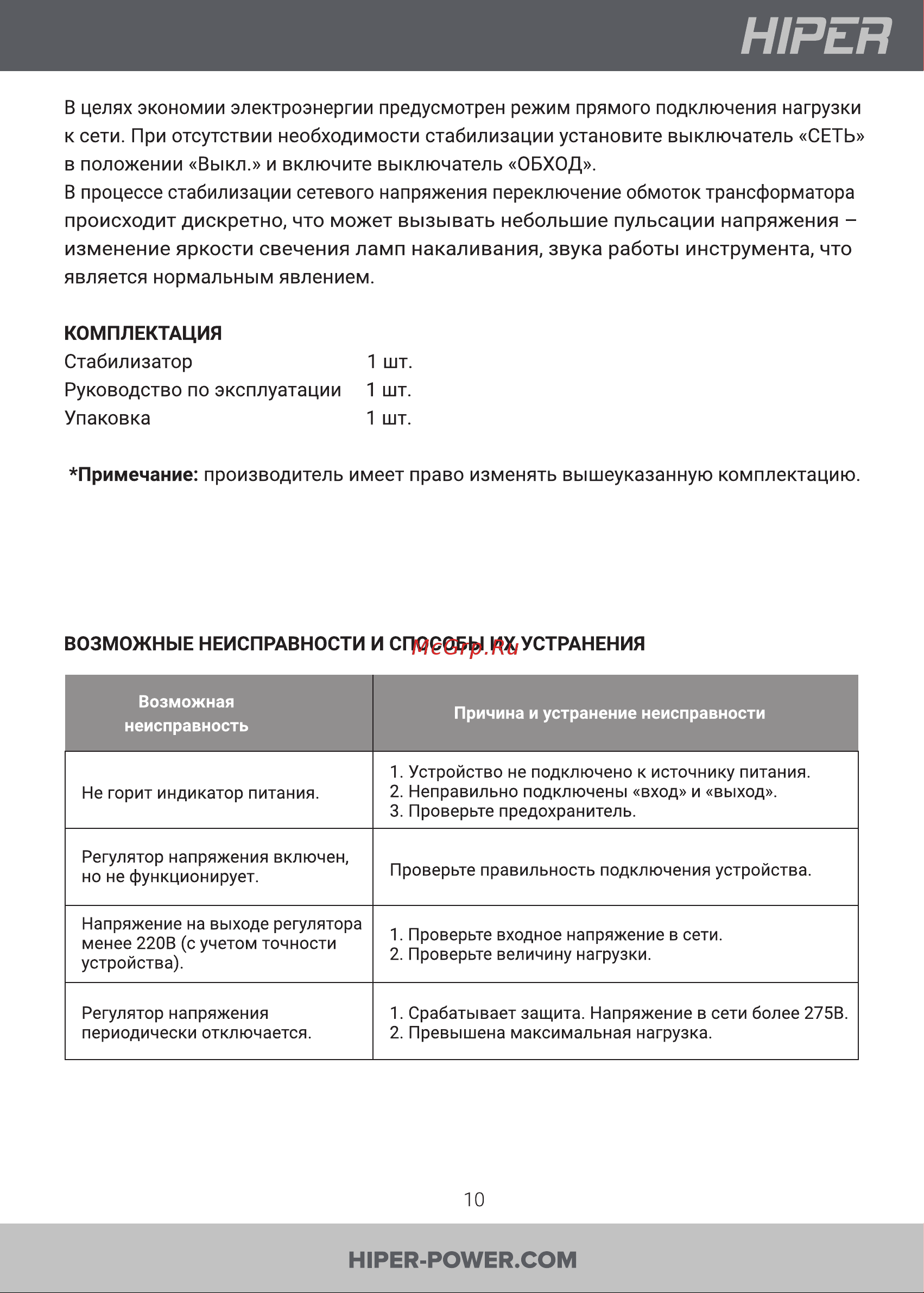 Hiper HVR10000W [10/14] Возможные неисправности и способы их устранения