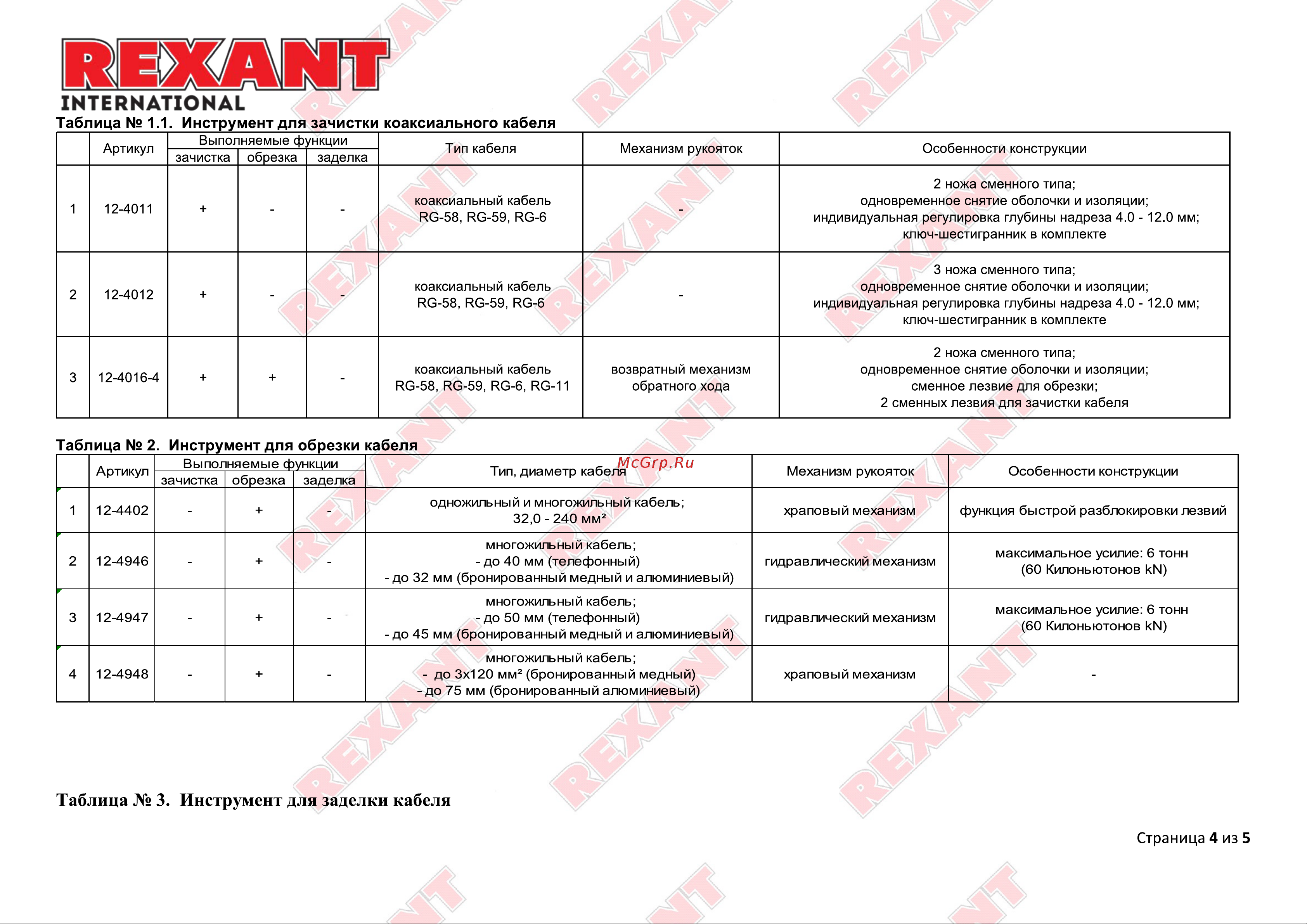 Rexant HT-150B 12-4001 [4/5] Таблица 1 инструмент для зачистки коаксиального кабеля