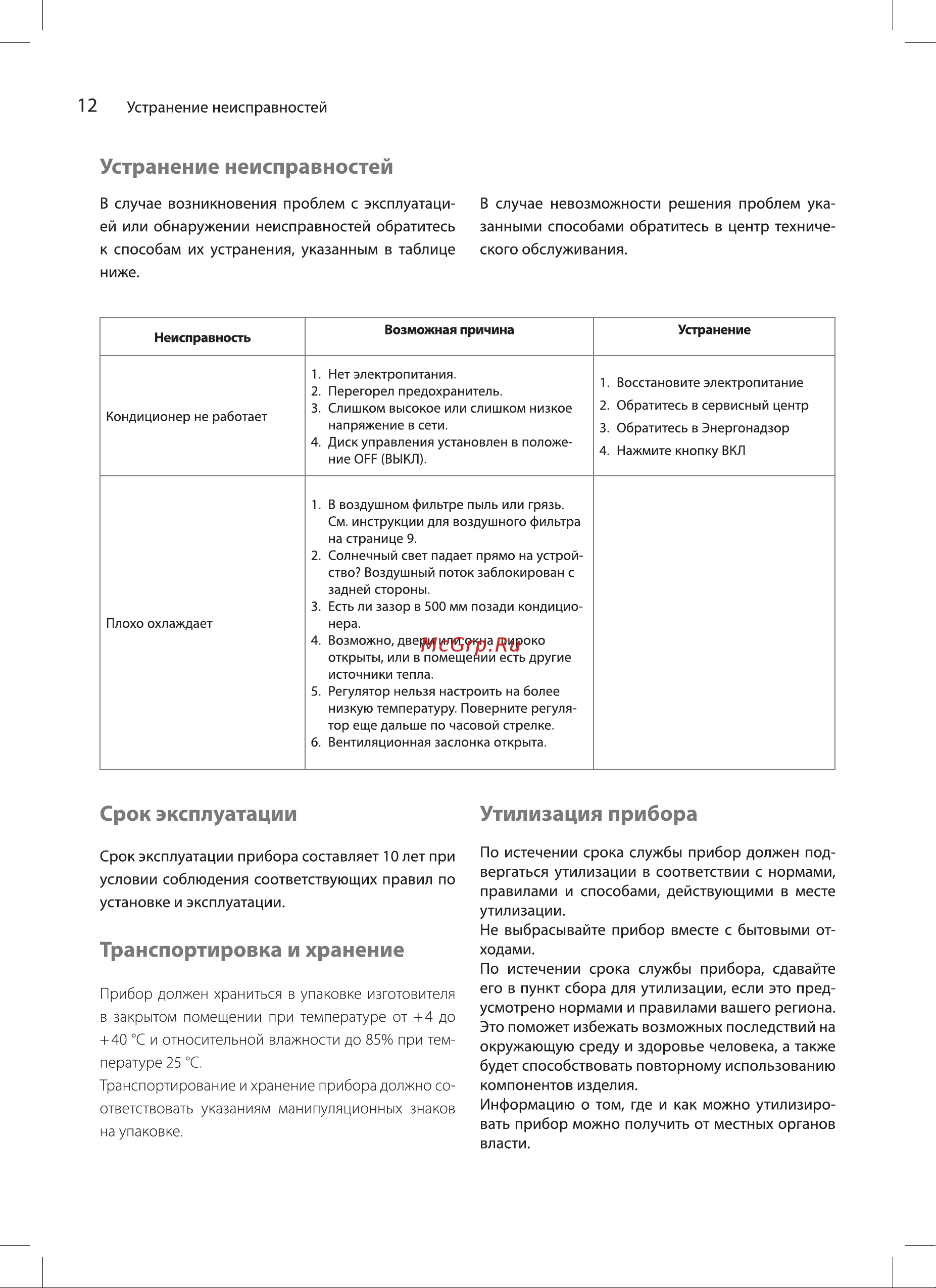 Ballu BWC-05 AC [12/20] Устранение неисправностей