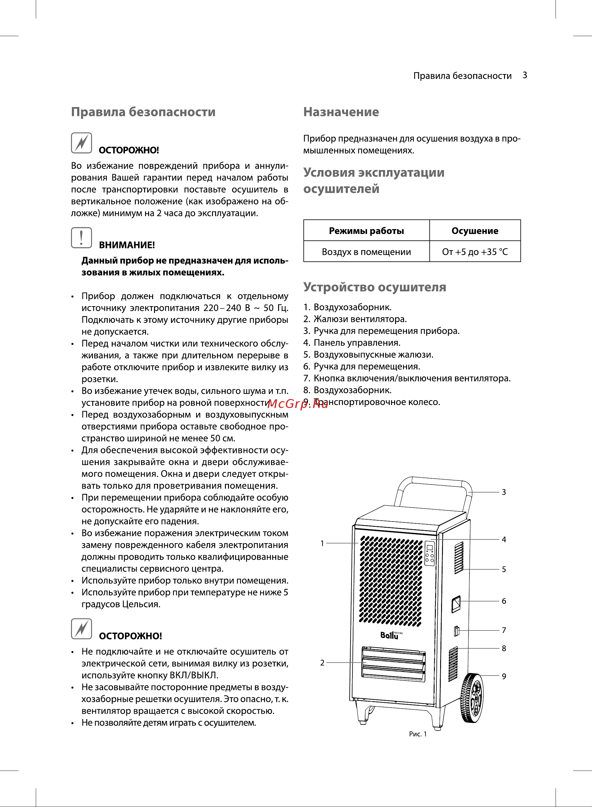 Ballu BDI-80L [3/12] Условия эксплуатации осушителей