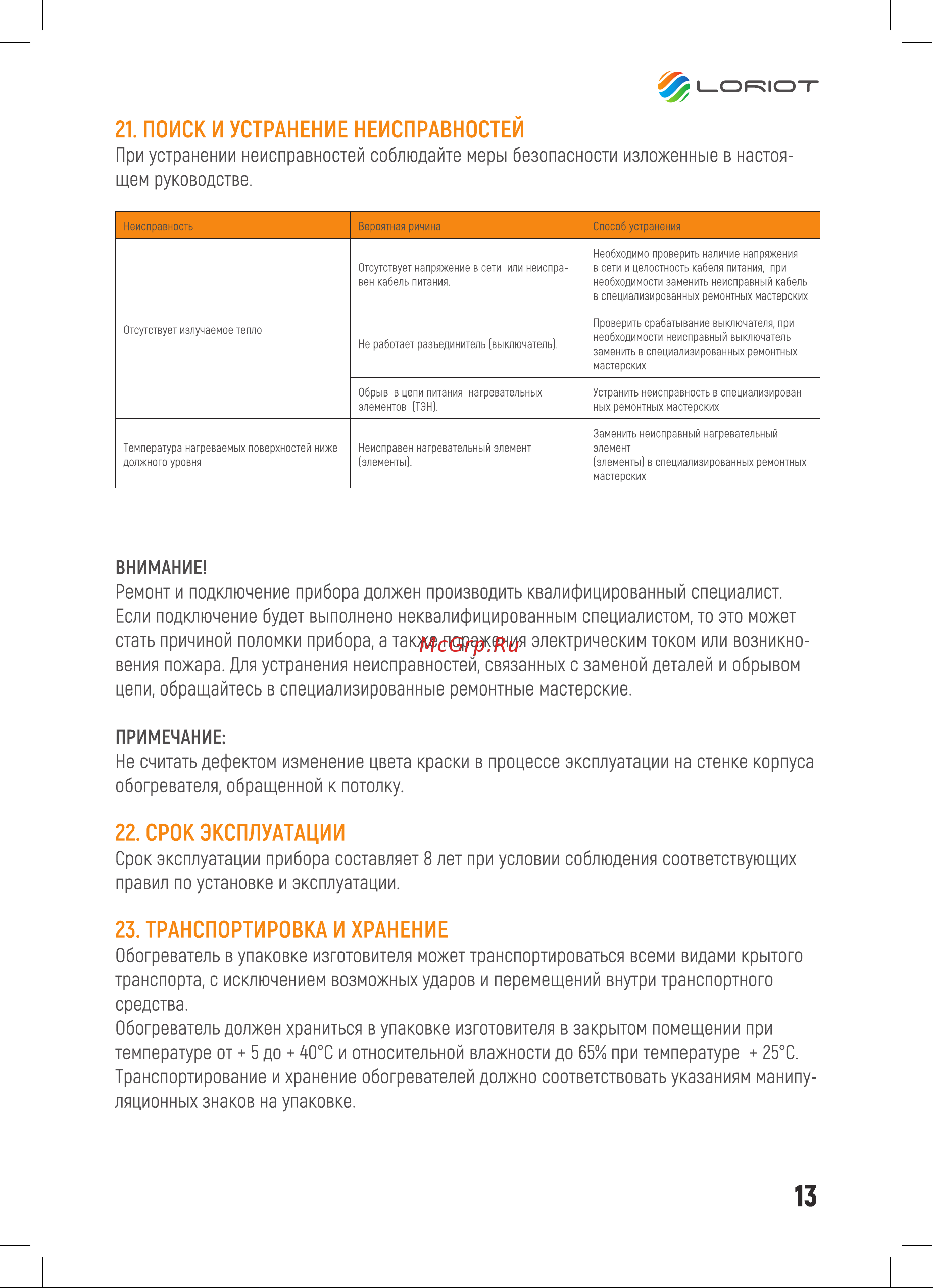 Loriot LIN-1.0 [13/28] Поиск и устранение неисправностей