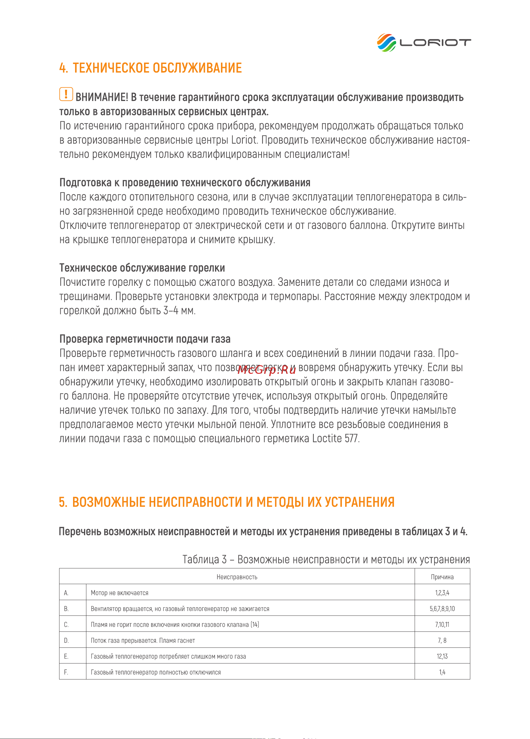 Loriot GHB-50 [7/16] Таблица 3 возможные неисправности и методы их устранения