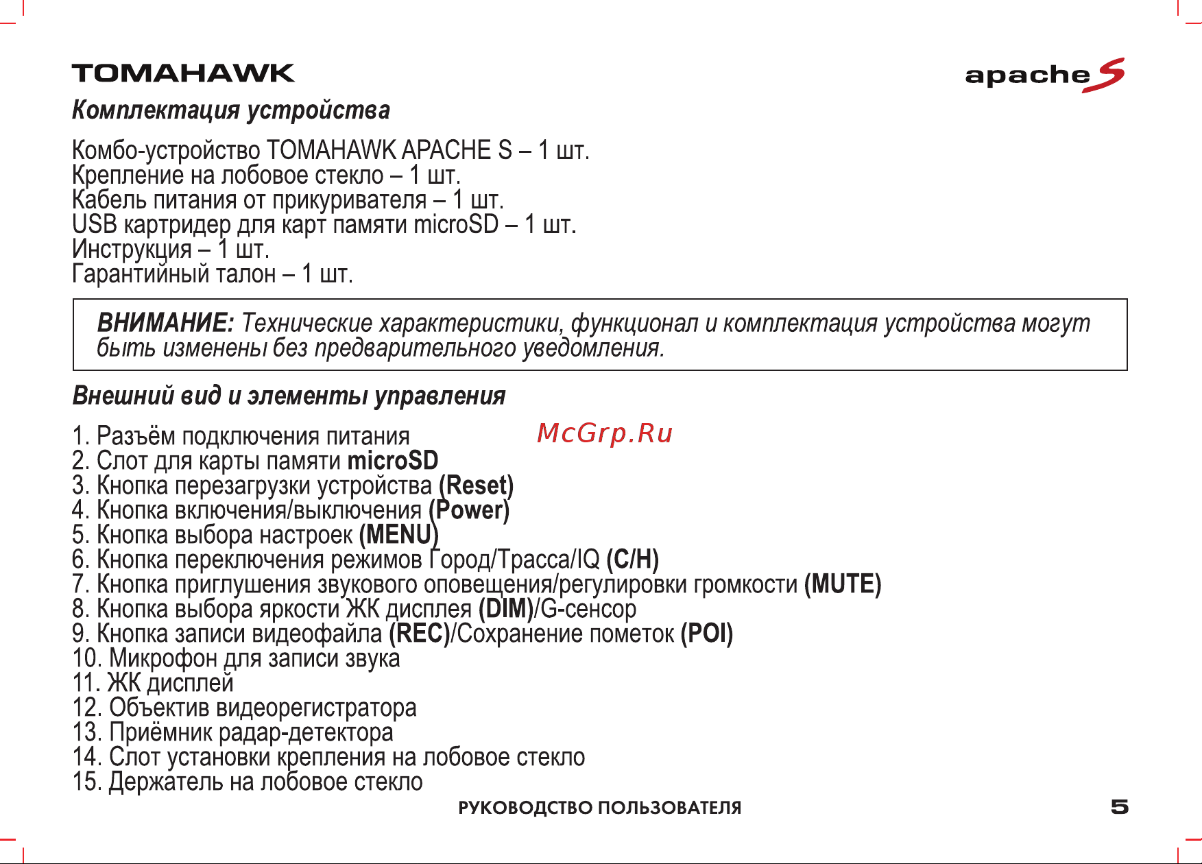 Inspector Tomahawk Apache S [5/26] Внешний вид и элементы управления